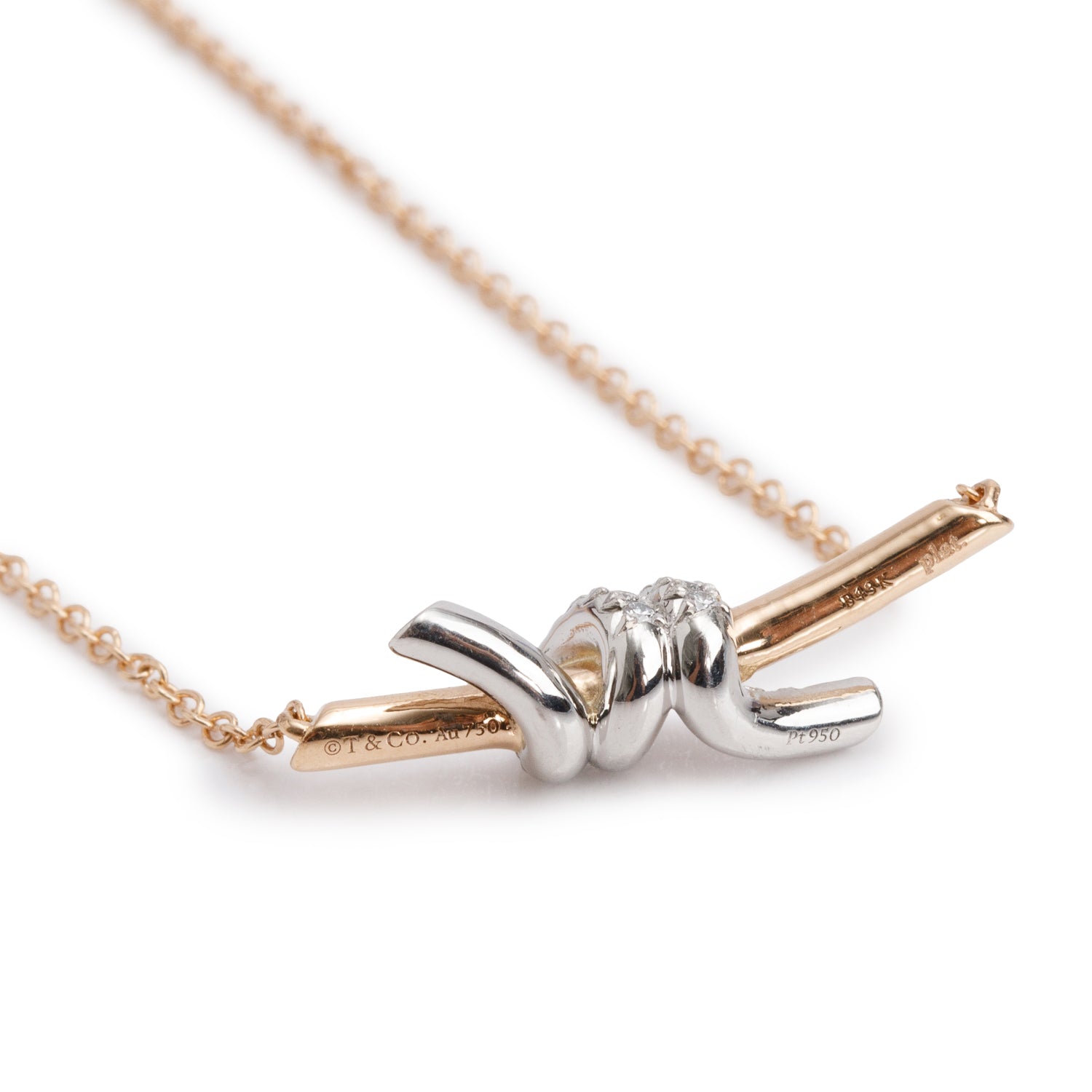 Tiffany & Co. 18k Rose Gold & Platinum Diamond Small Knot Pendant Necklace w/ Box