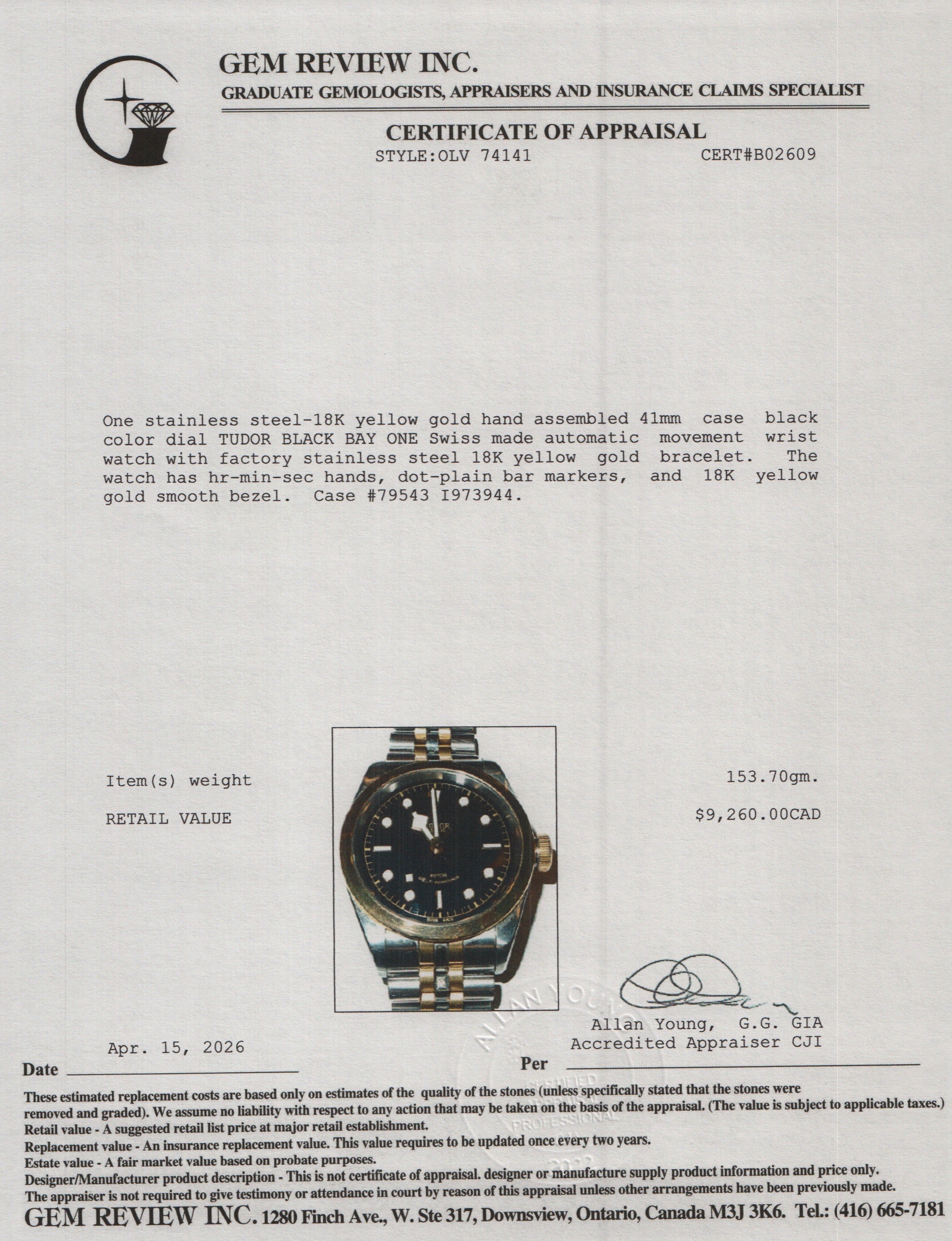 Tudor Stainless Steel & 18k Yellow Gold Black Bay One 41 MM Automatic Watch Black Dial 79543