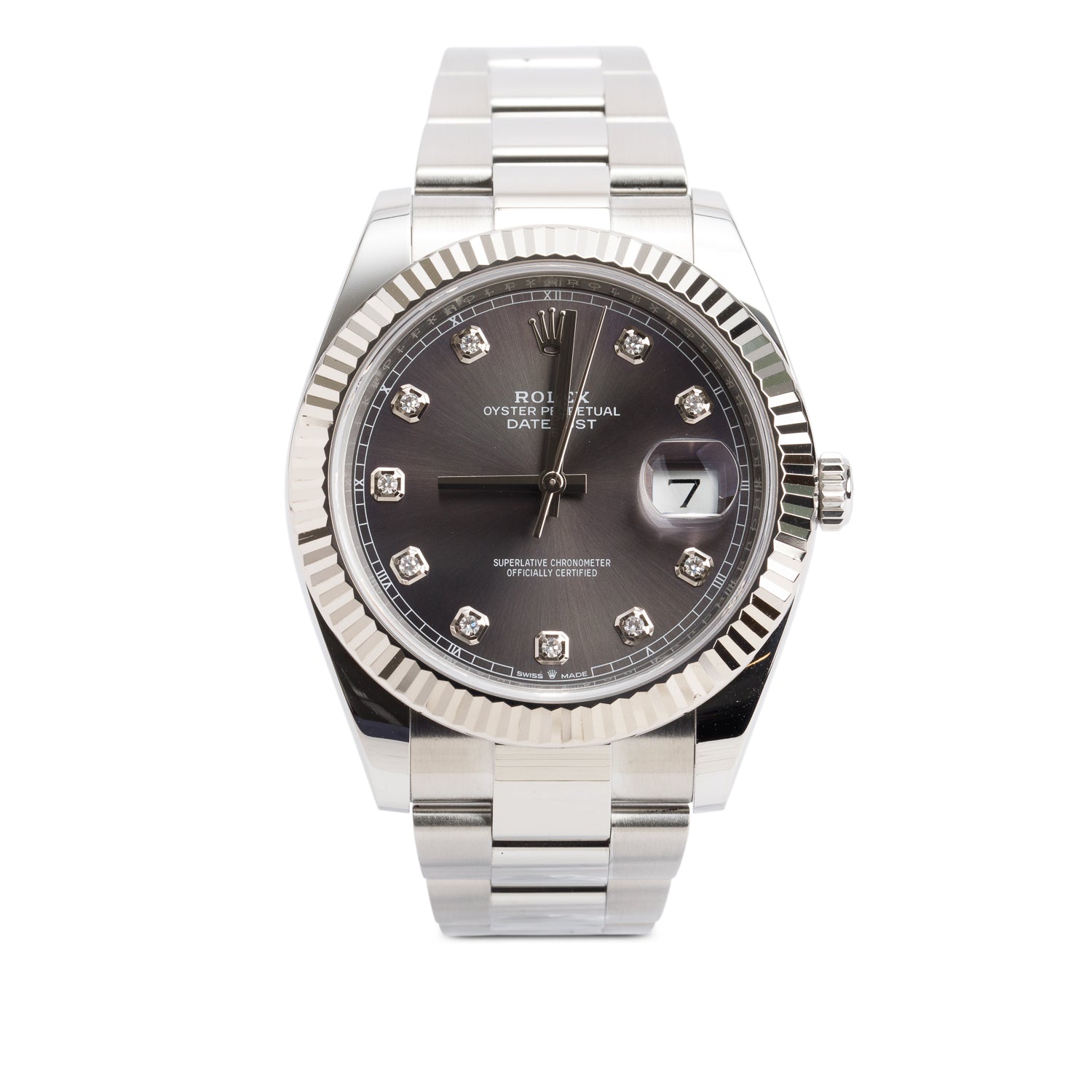 Rolex Stainless Steel Oyster Perpetual Datejust 41 MM Watch Grey Diamond Dial 126334 w/ Box & Papers