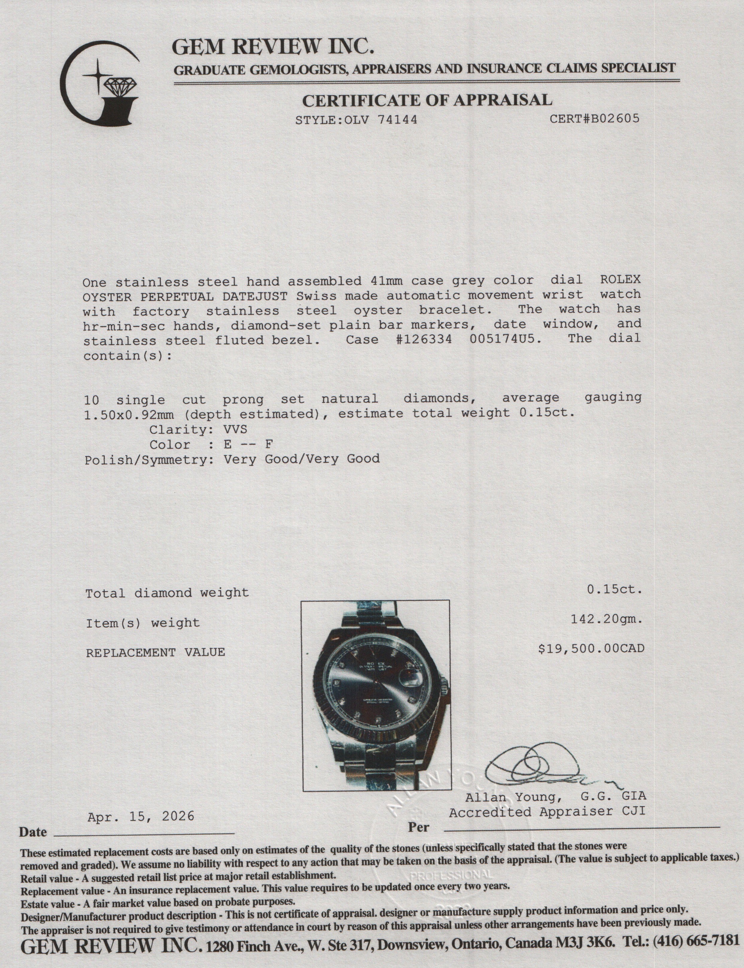 Rolex Stainless Steel Oyster Perpetual Datejust 41 MM Watch Grey Diamond Dial 126334 w/ Box & Papers