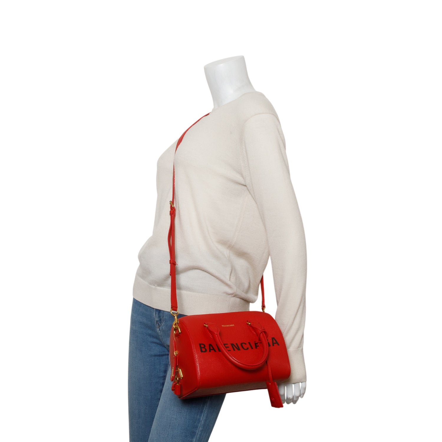 Balenciaga Red Signature Grained Calfskin Logo S Ville Bowling Bag w/ Strap