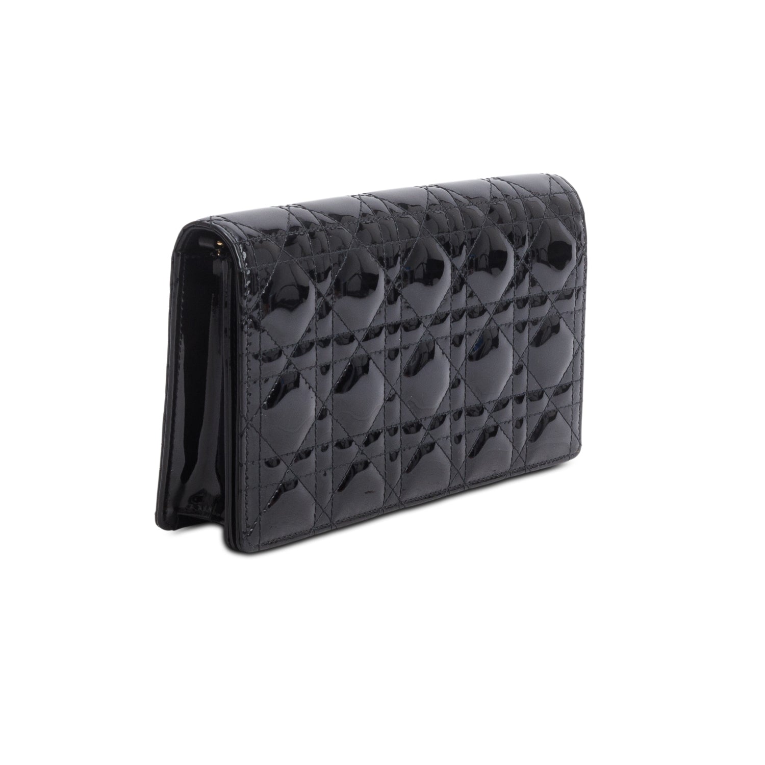 Christian Dior Black Patent Leather Lady Dior Clutch w/ Box, Chain & Insert
