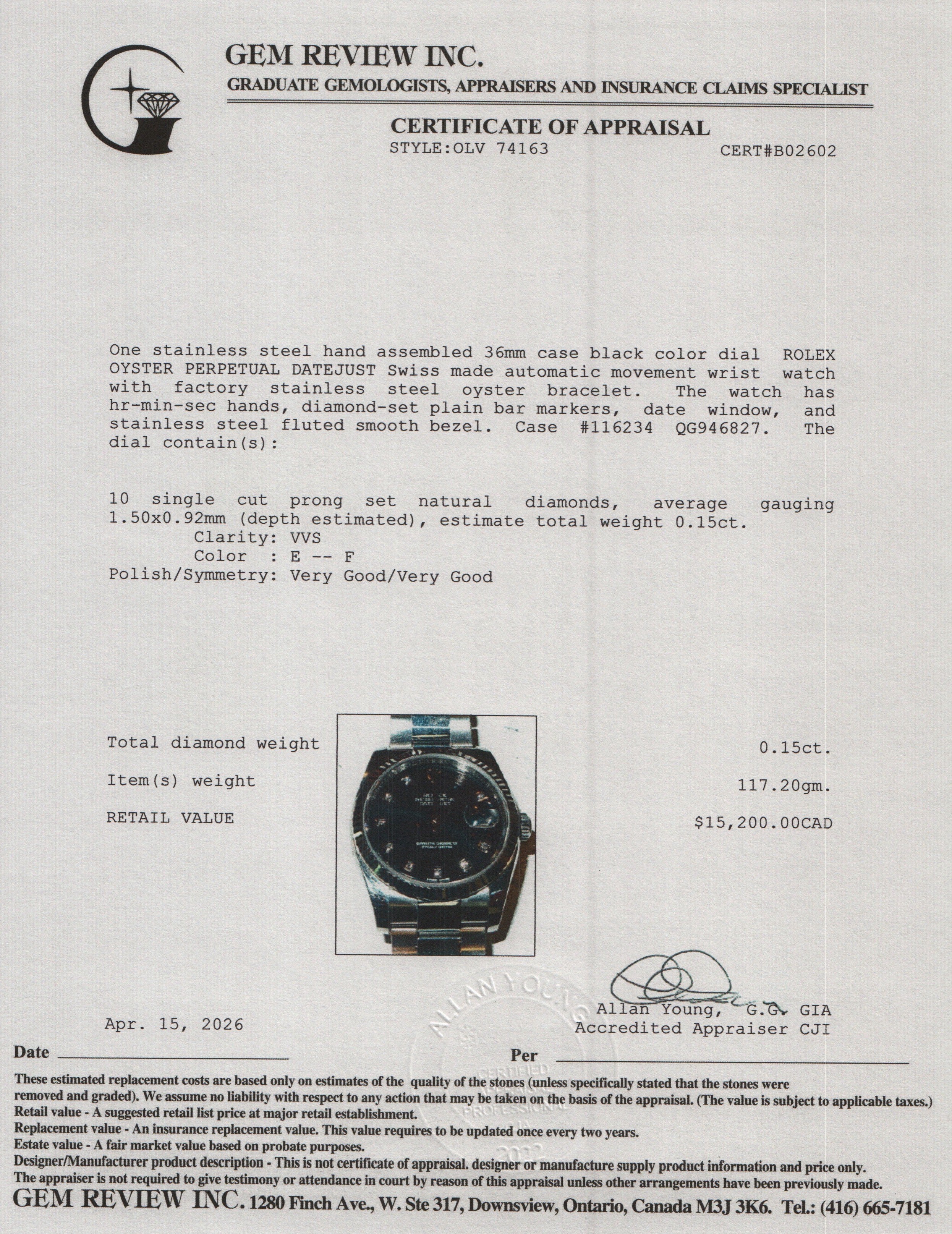 Rolex Stainless Steel Datejust 36 MM Automatic Watch Black Diamond Dial 116234 w/ Box & Papers