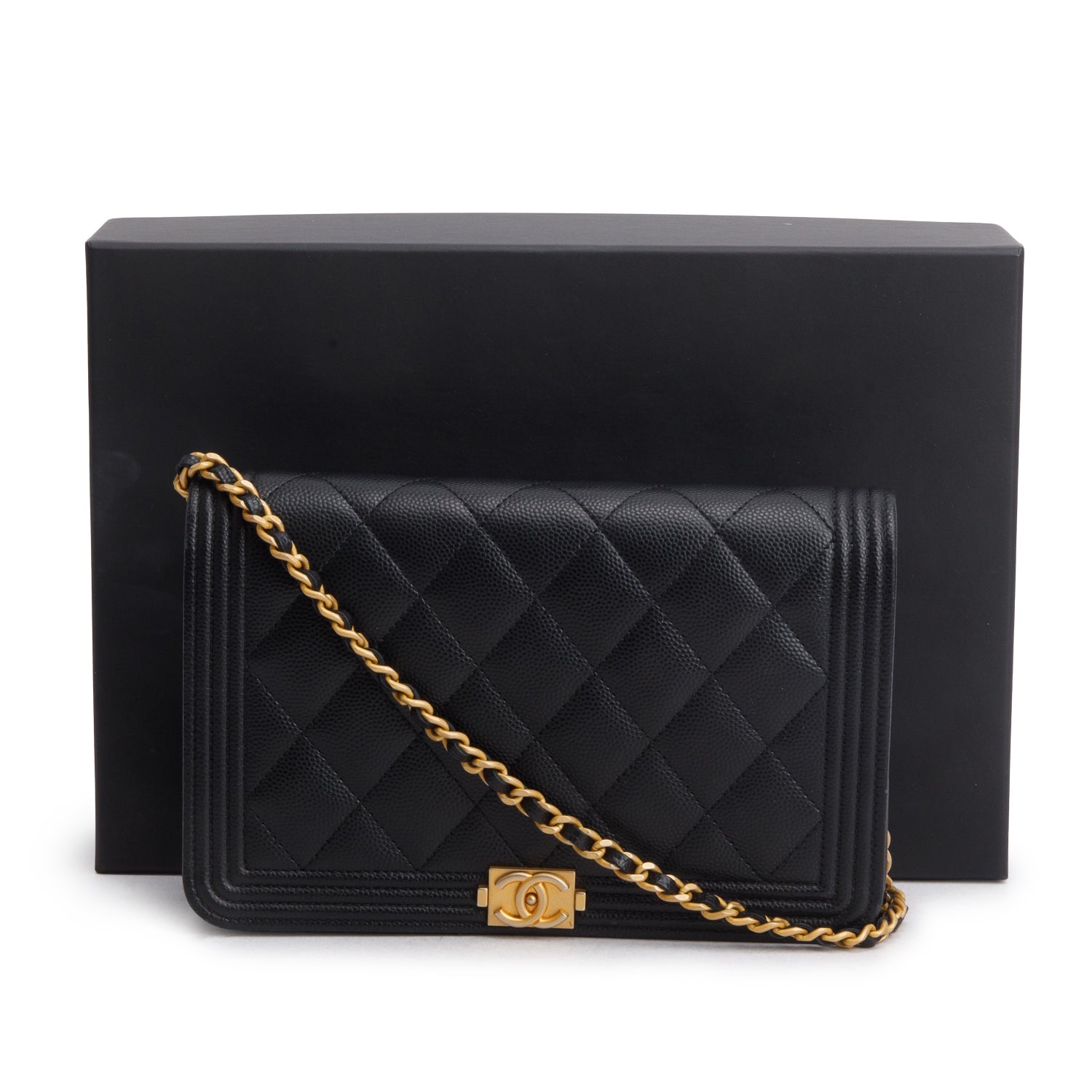 Chanel Black Caviar Leather Boy Wallet on Chain w/ Box & Authenticity Card