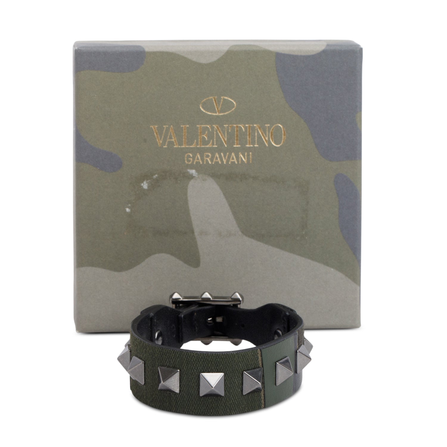 Valentino Camouflage Canvas Leather Rockstud Bracelet w/ Box