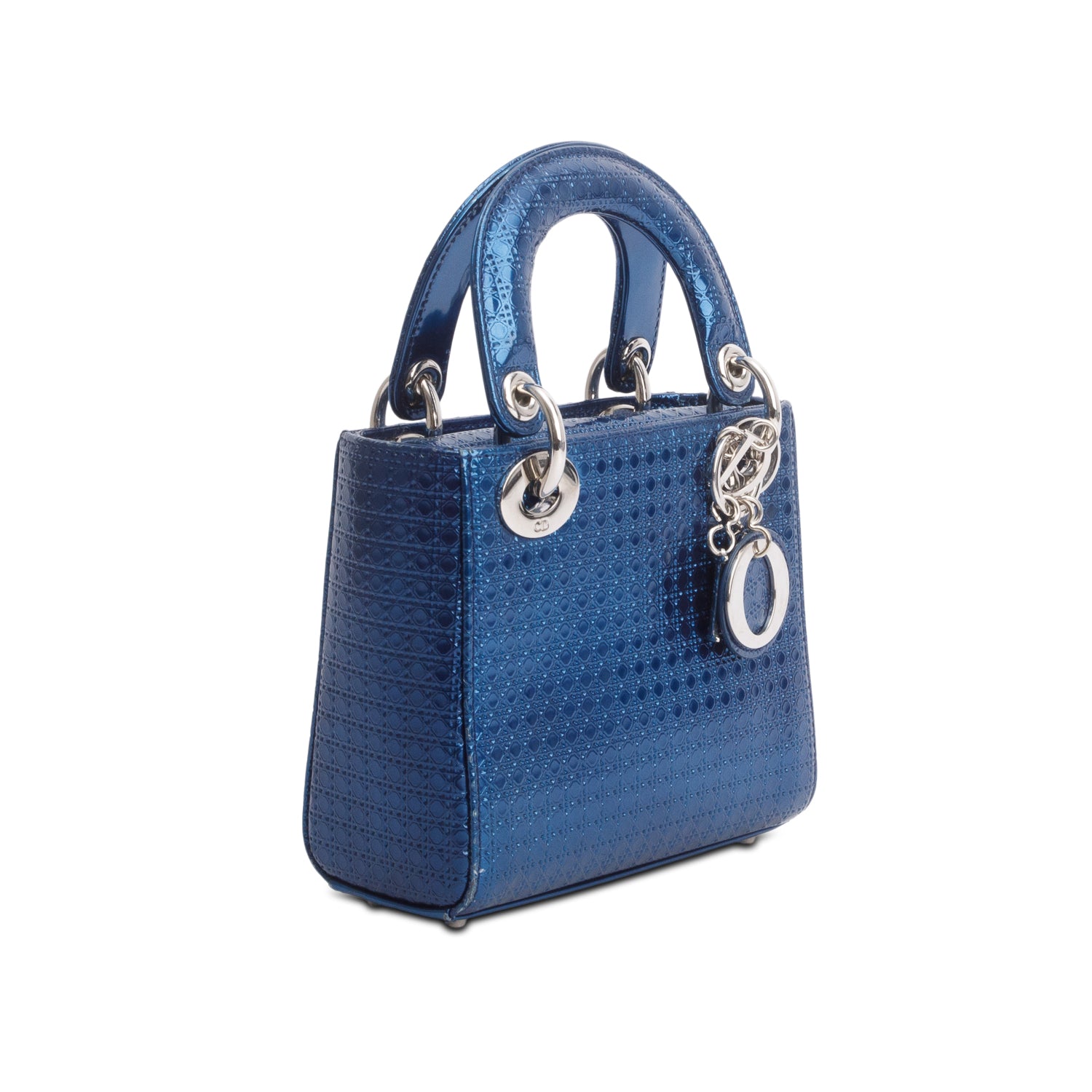 Christian Dior Blue Metallic Patent Micro-Cannage Mini Lady Dior