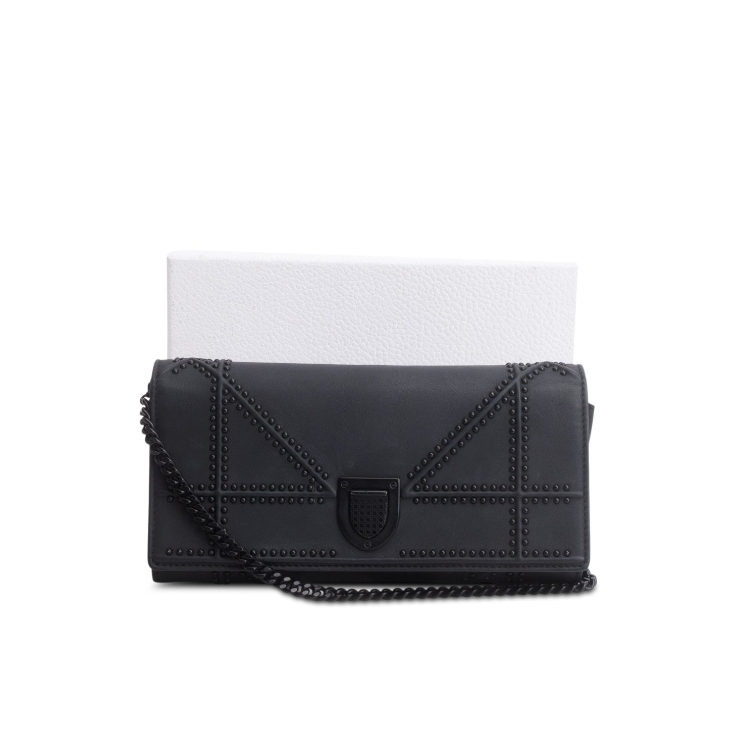 Christian Dior Black Matte Calfskin Studded Diorama Croisiere Chain Wallet w/ Box