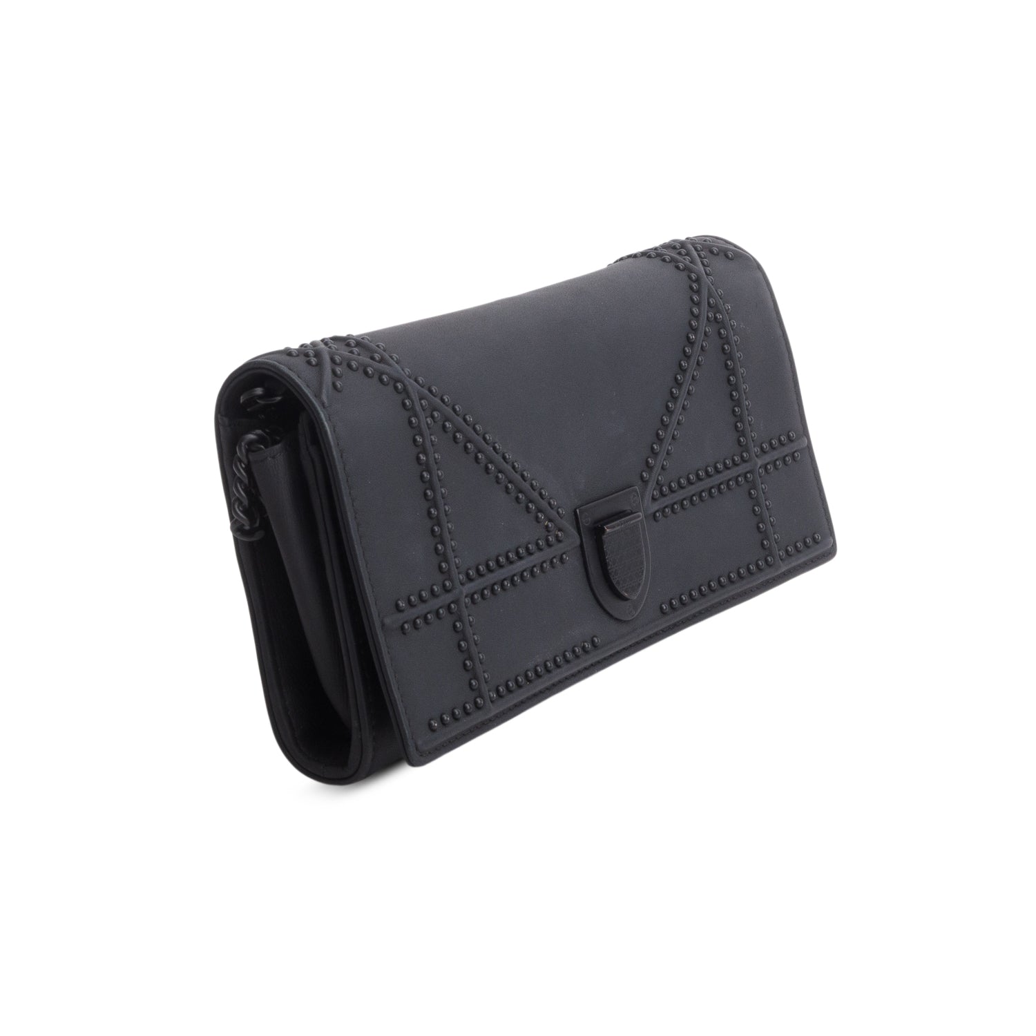 Christian Dior Black Matte Calfskin Studded Diorama Croisiere Chain Wallet w/ Box