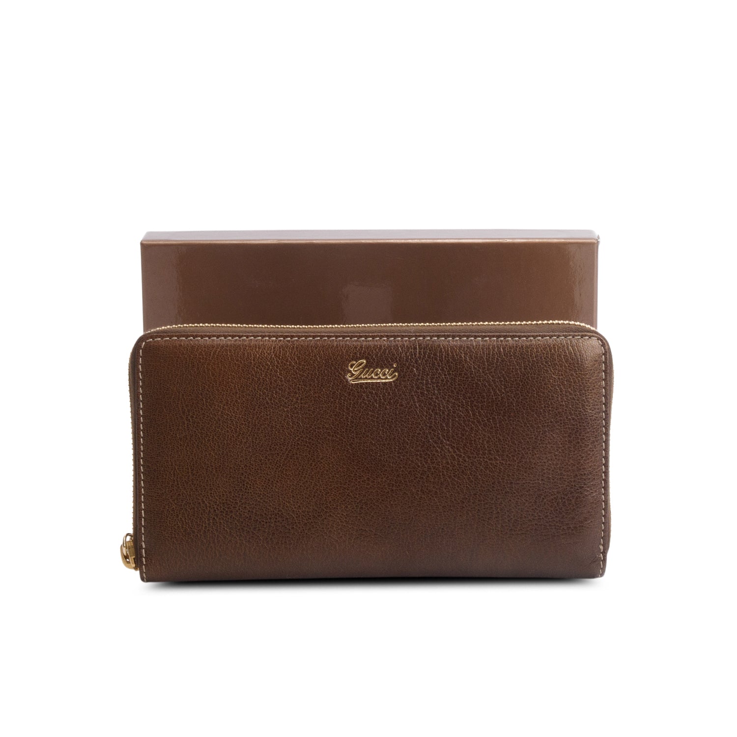 Gucci Brown Calfskin Zip Around Capri Wallet w/ Box