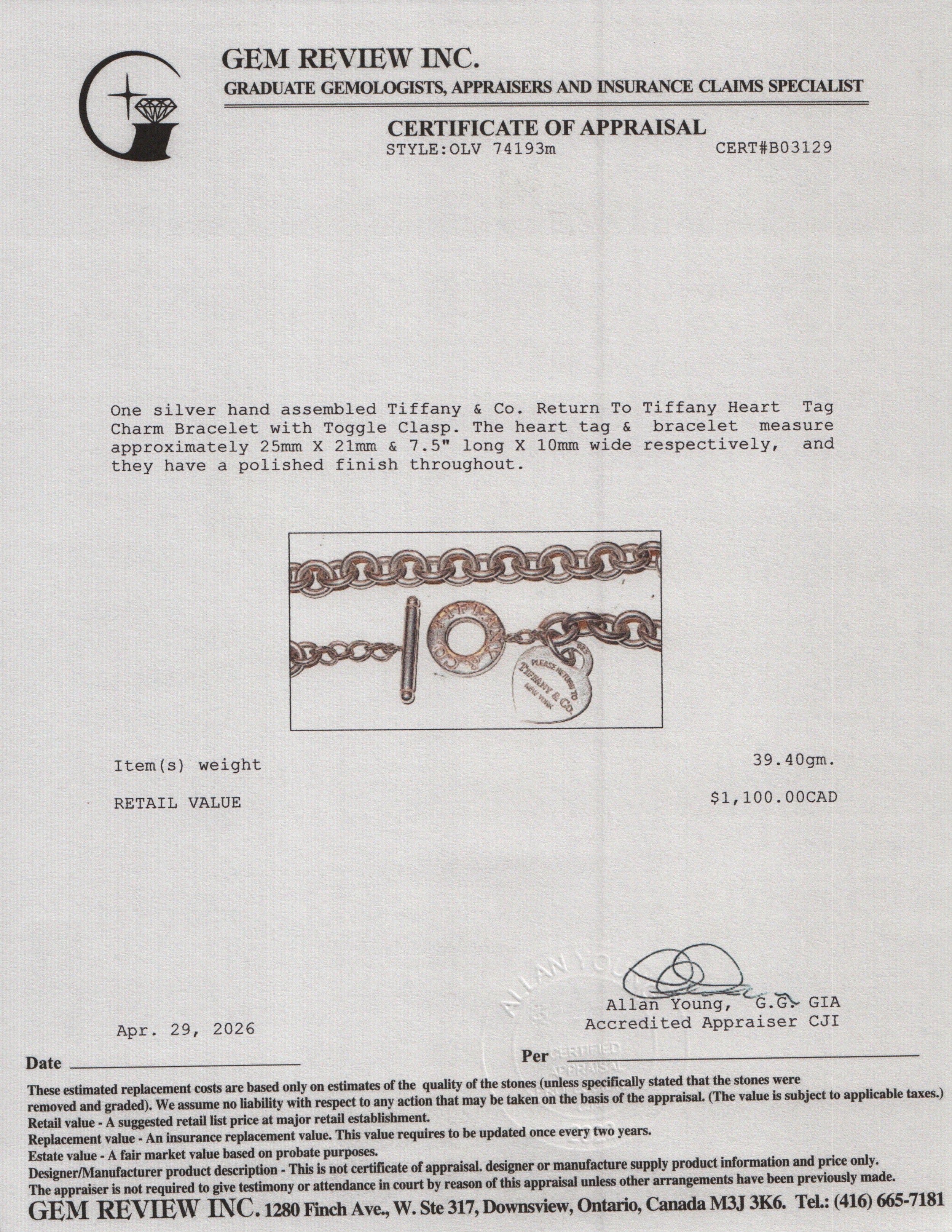 Tiffany & Co. Sterling Silver Return To Tiffany Heart Tag Charm Bracelet with Toggle Clasp