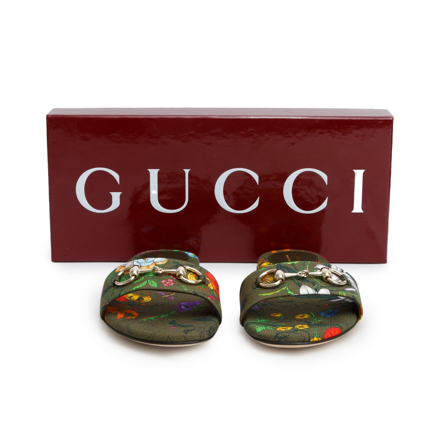Gucci Green Canvas Flora Print Horsebit Slide Sadals, Women's Size 37 w/ Box