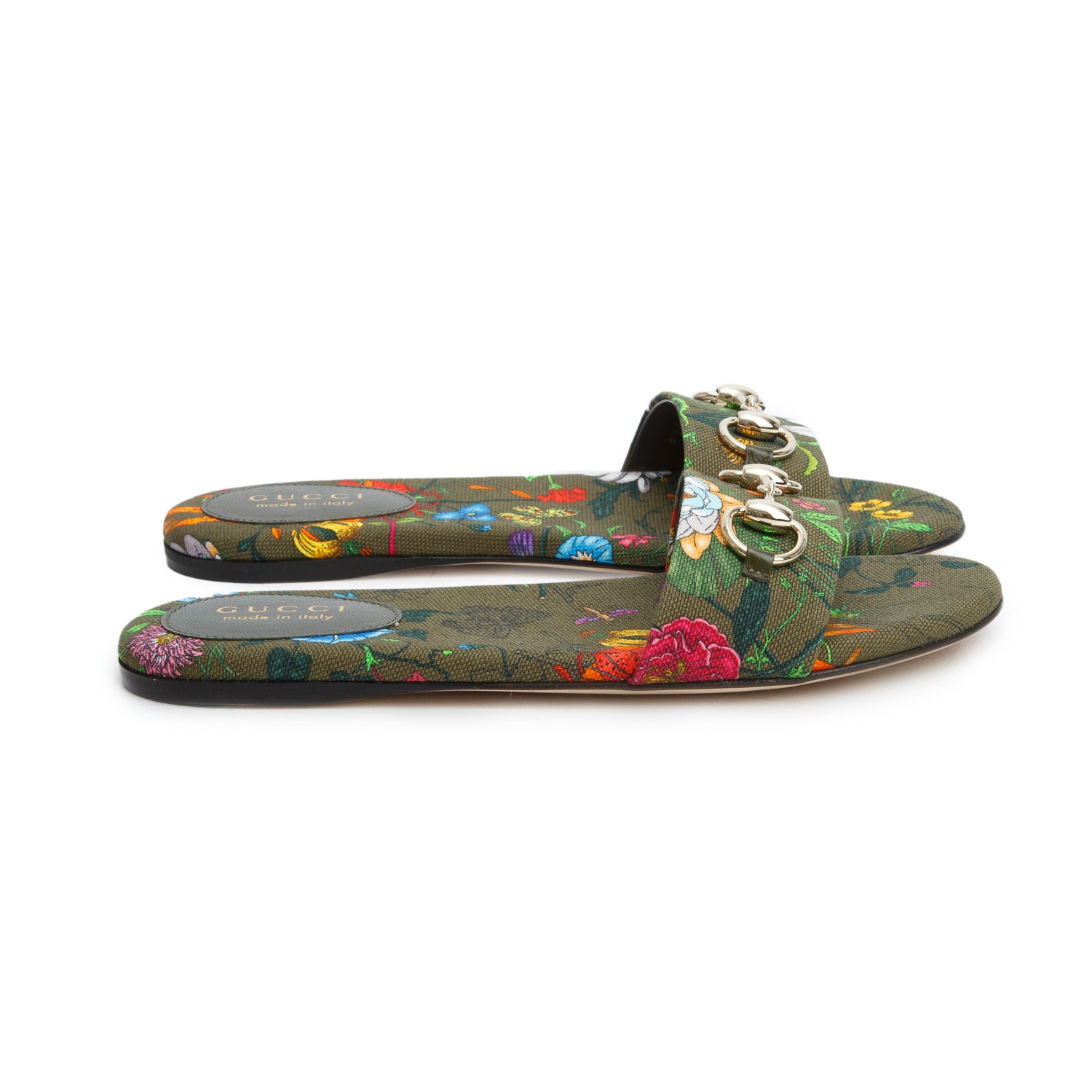 Gucci Green Canvas Flora Print Horsebit Slide Sadals, Women's Size 37 w/ Box