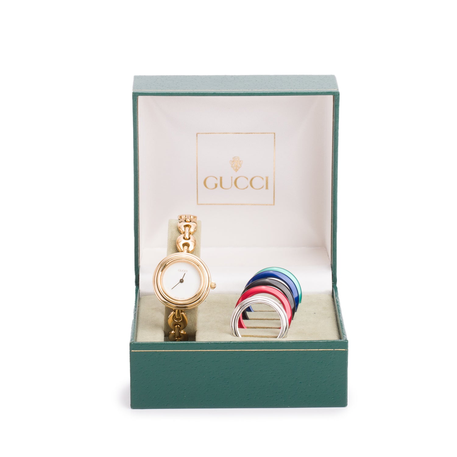 Gucci Gold Plated Stainless Steel 1100 Series 26 MM Watch White Dial w/ Box & 6 Multicolour Bezels