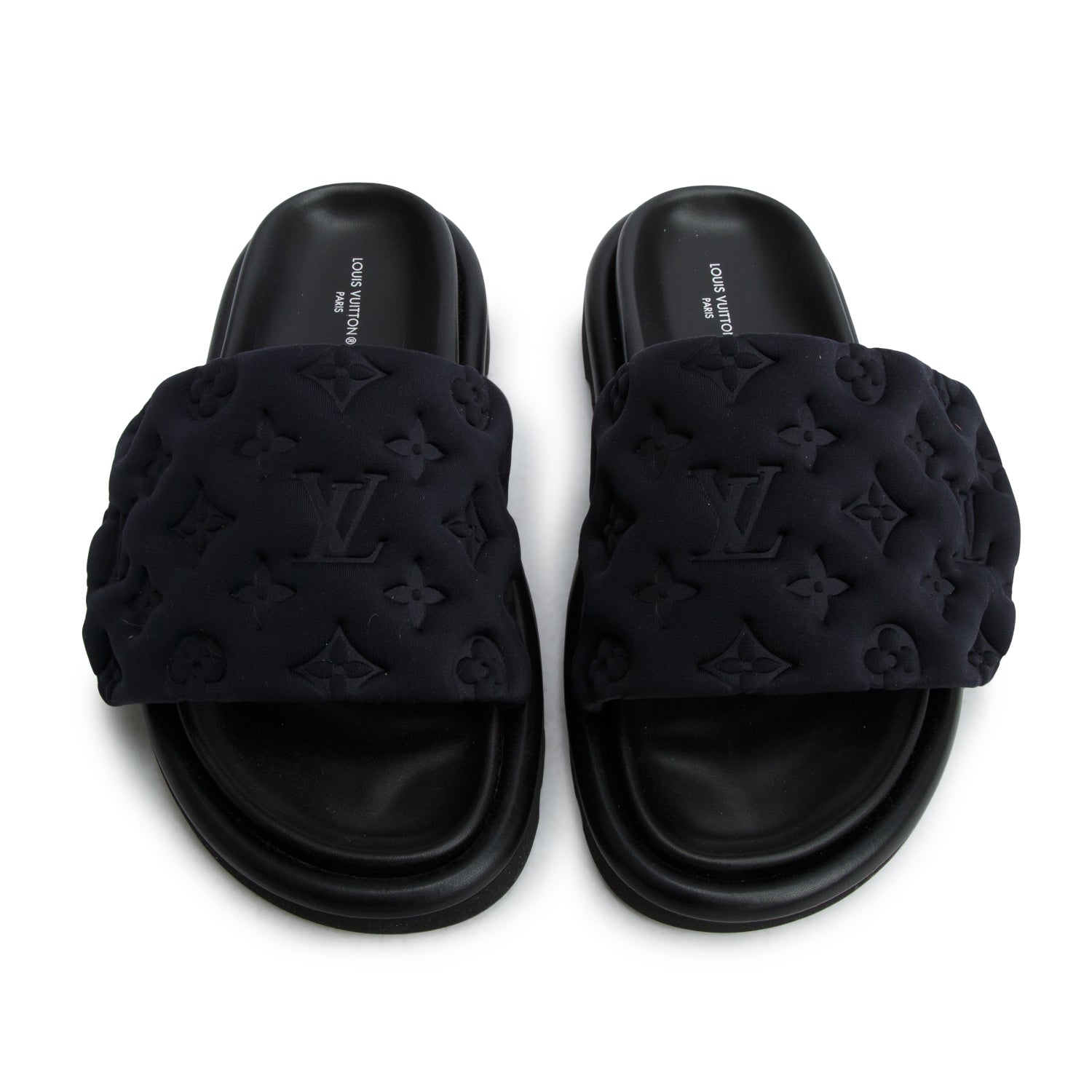 Louis Vuitton 2022 Black Monogram Nylon Pool Pillow Flat Comfort Mule, Size 36 w/ Box
