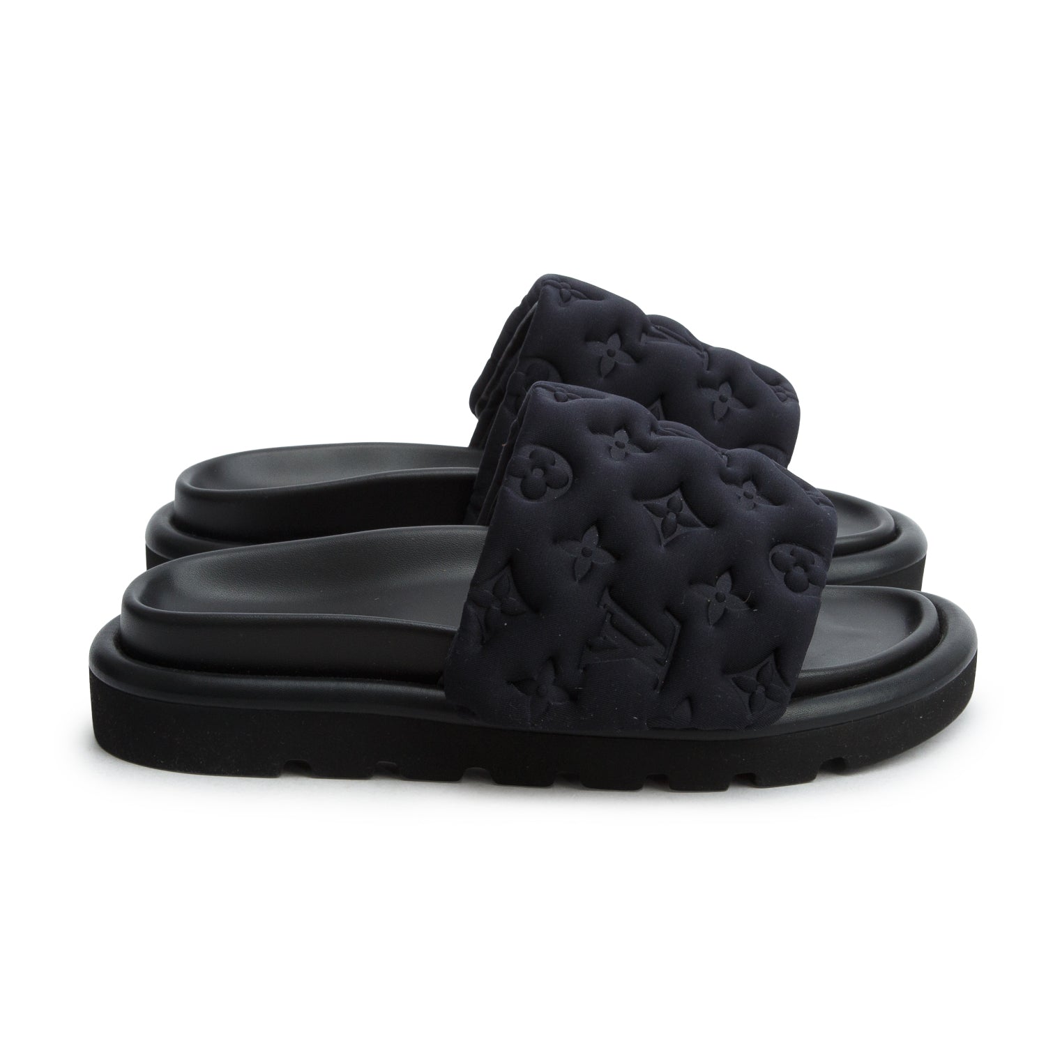 Louis Vuitton 2022 Black Monogram Nylon Pool Pillow Flat Comfort Mule, Size 36 w/ Box