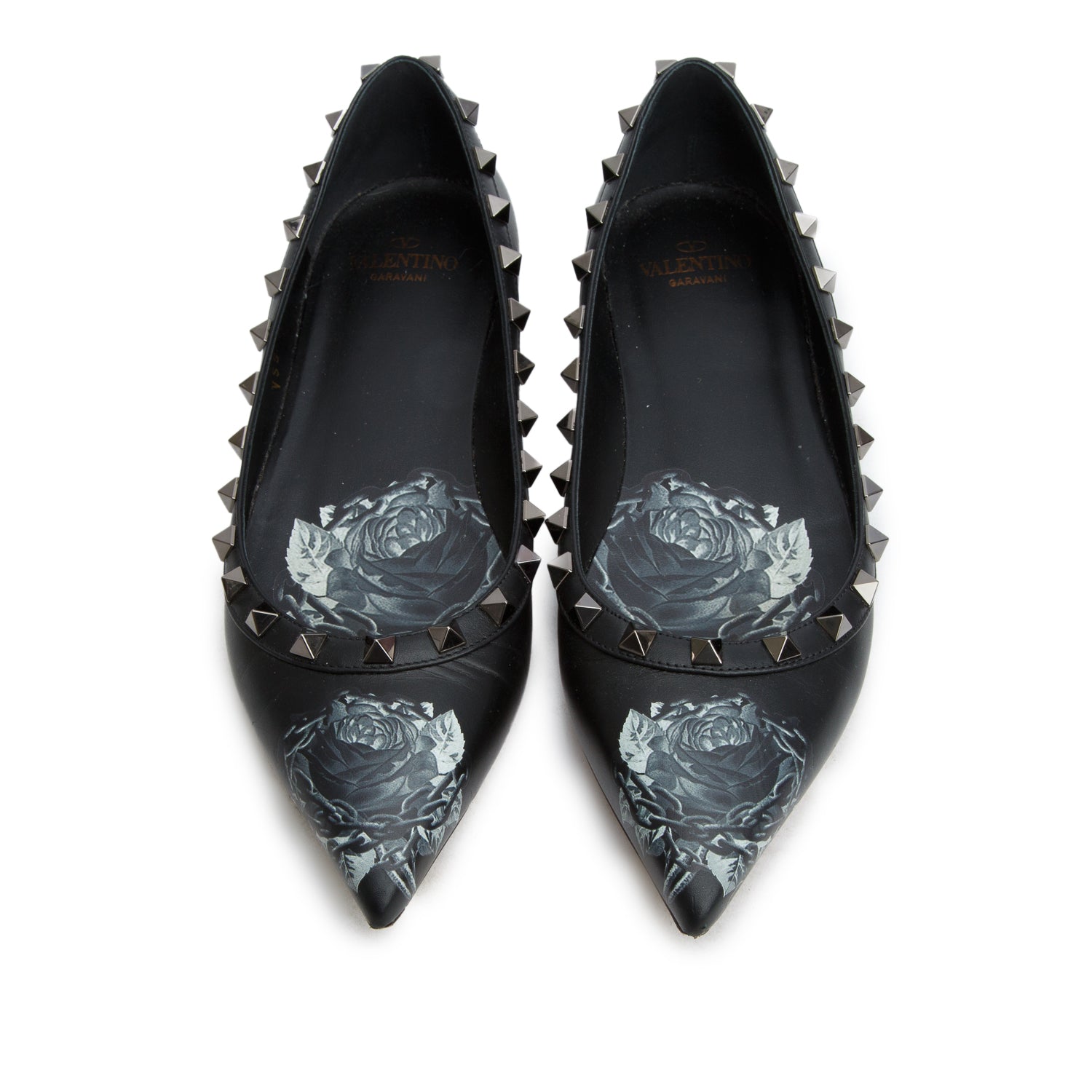 Valentino Black Floral Print Leather Rockstud Flats, Women's Size 37 w/ Box