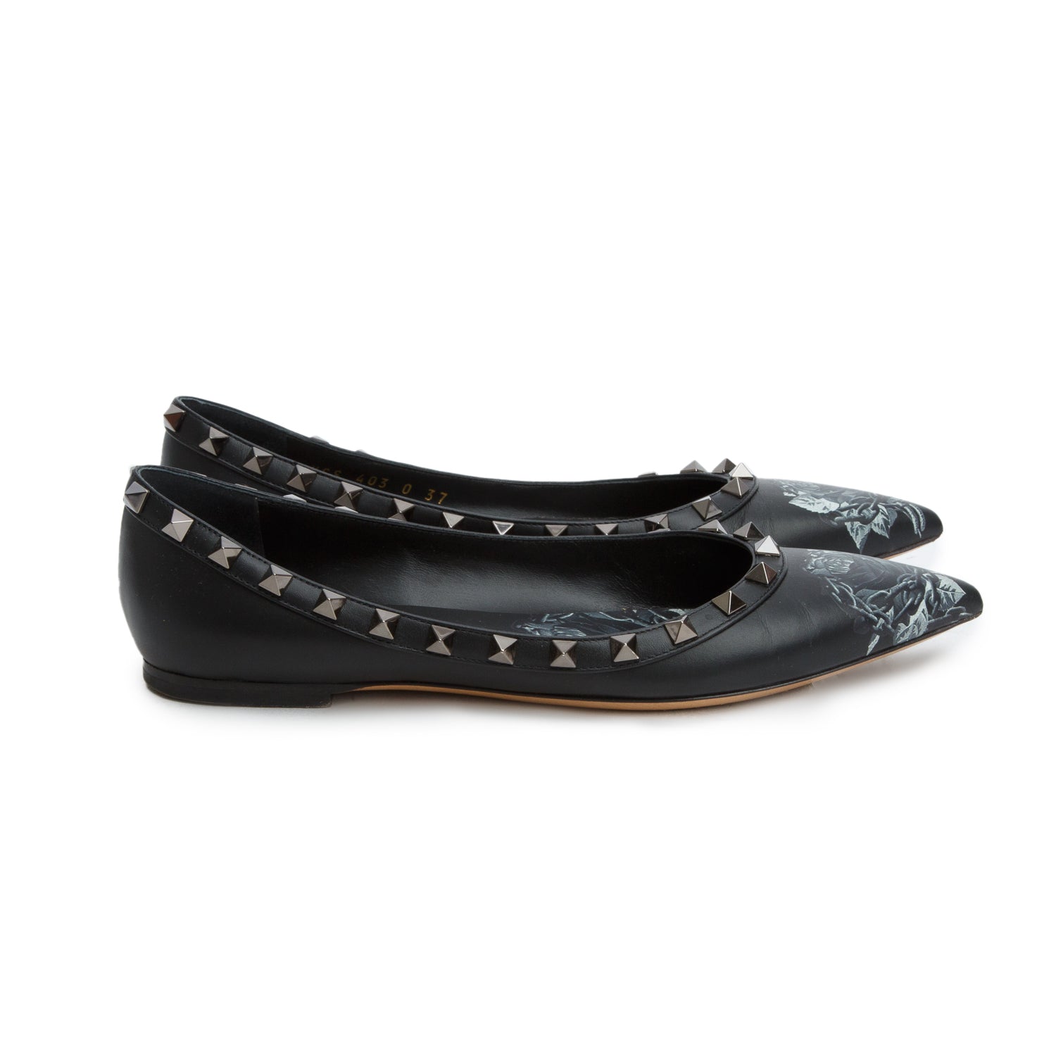 Valentino Black Floral Print Leather Rockstud Flats, Women's Size 37 w/ Box