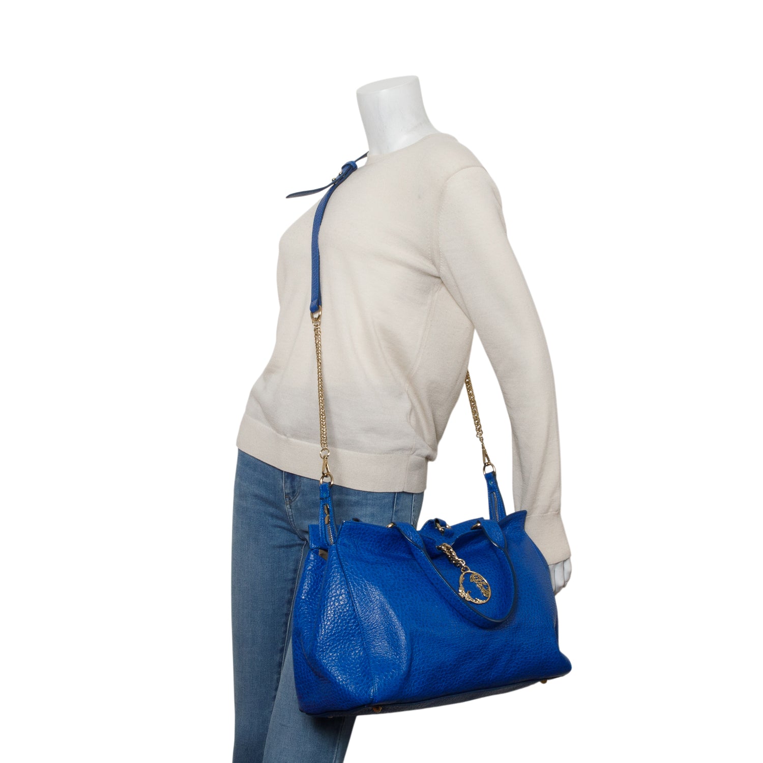 Versace Blue Vitello Leather Stampa Bufalo Bag w/ Strap
