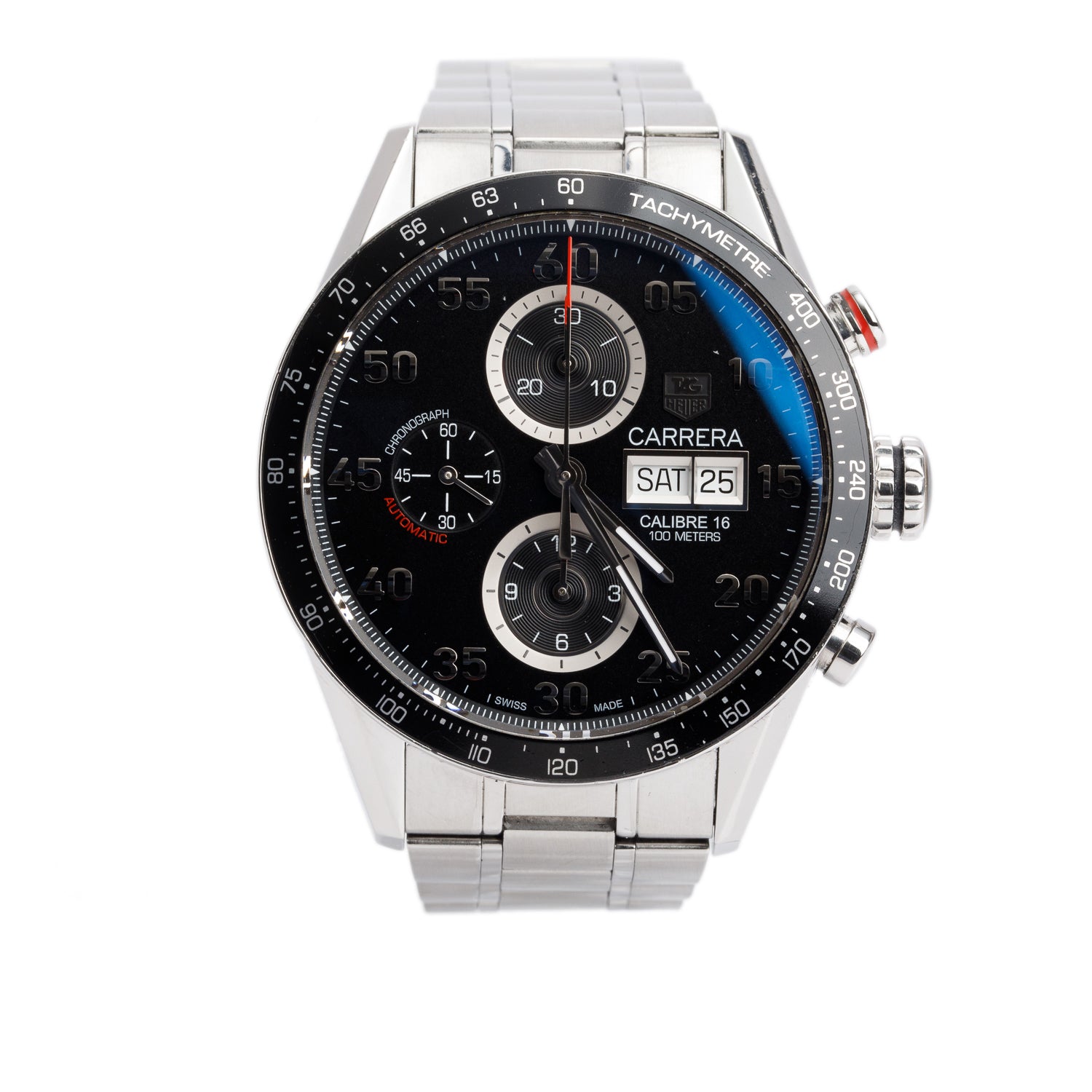 Tag Heuer Stainless Steel Carrera Day Date 43 MM Automatic Chronograph Watch Black Dial CV2A10