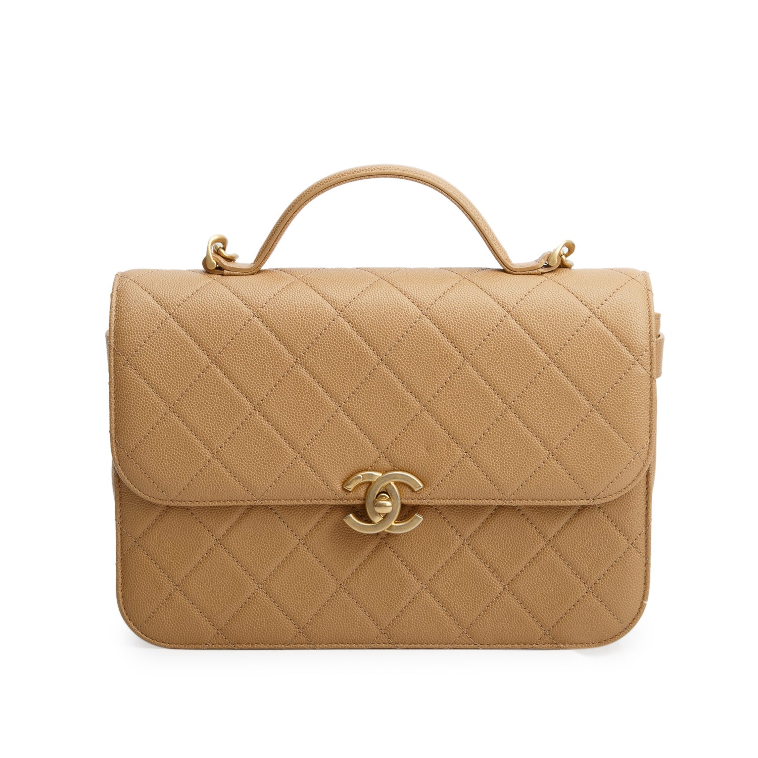 Chanel Beige Caviar Quilted Top Handle Flap Bag w/ Box