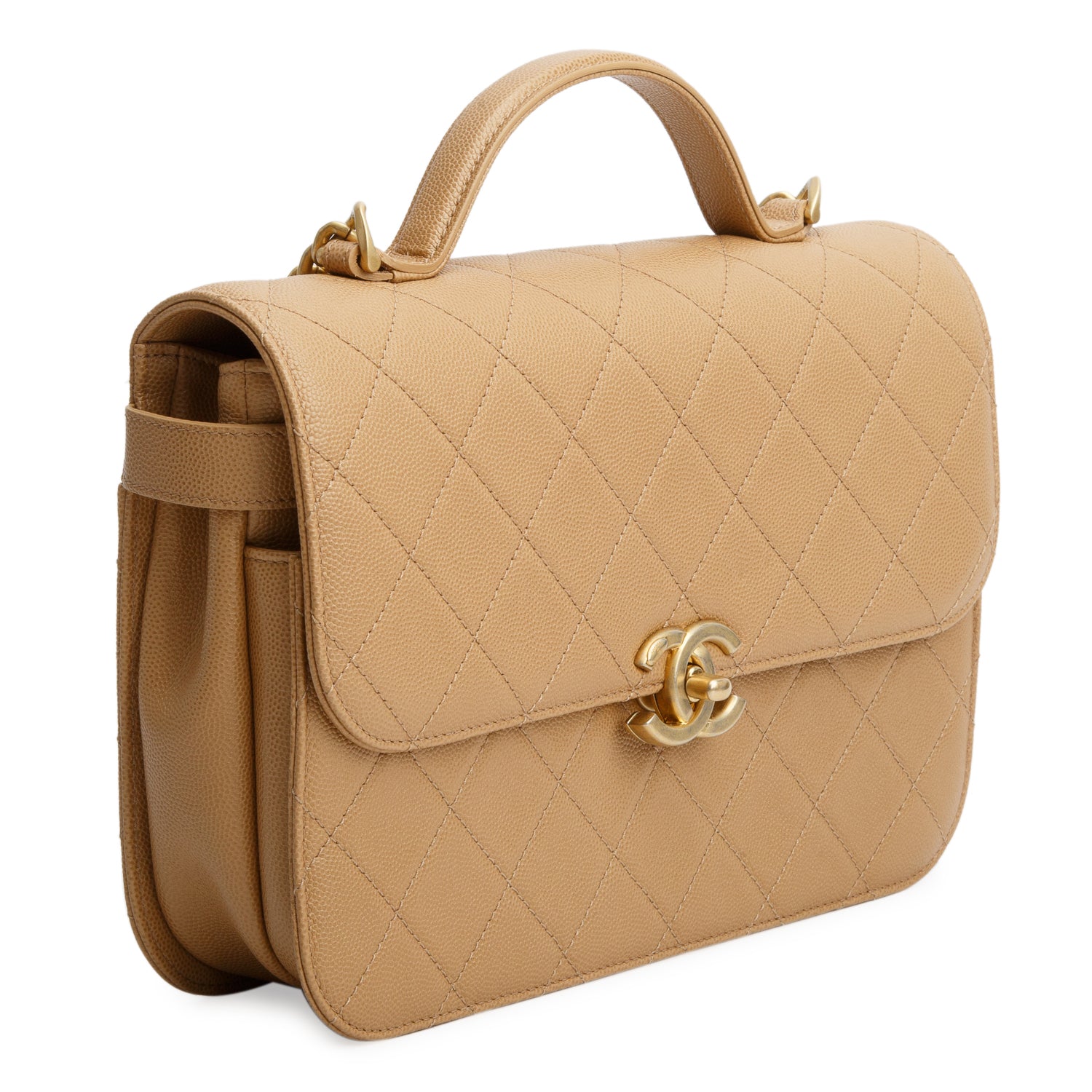 Chanel Beige Caviar Quilted Top Handle Flap Bag w/ Box