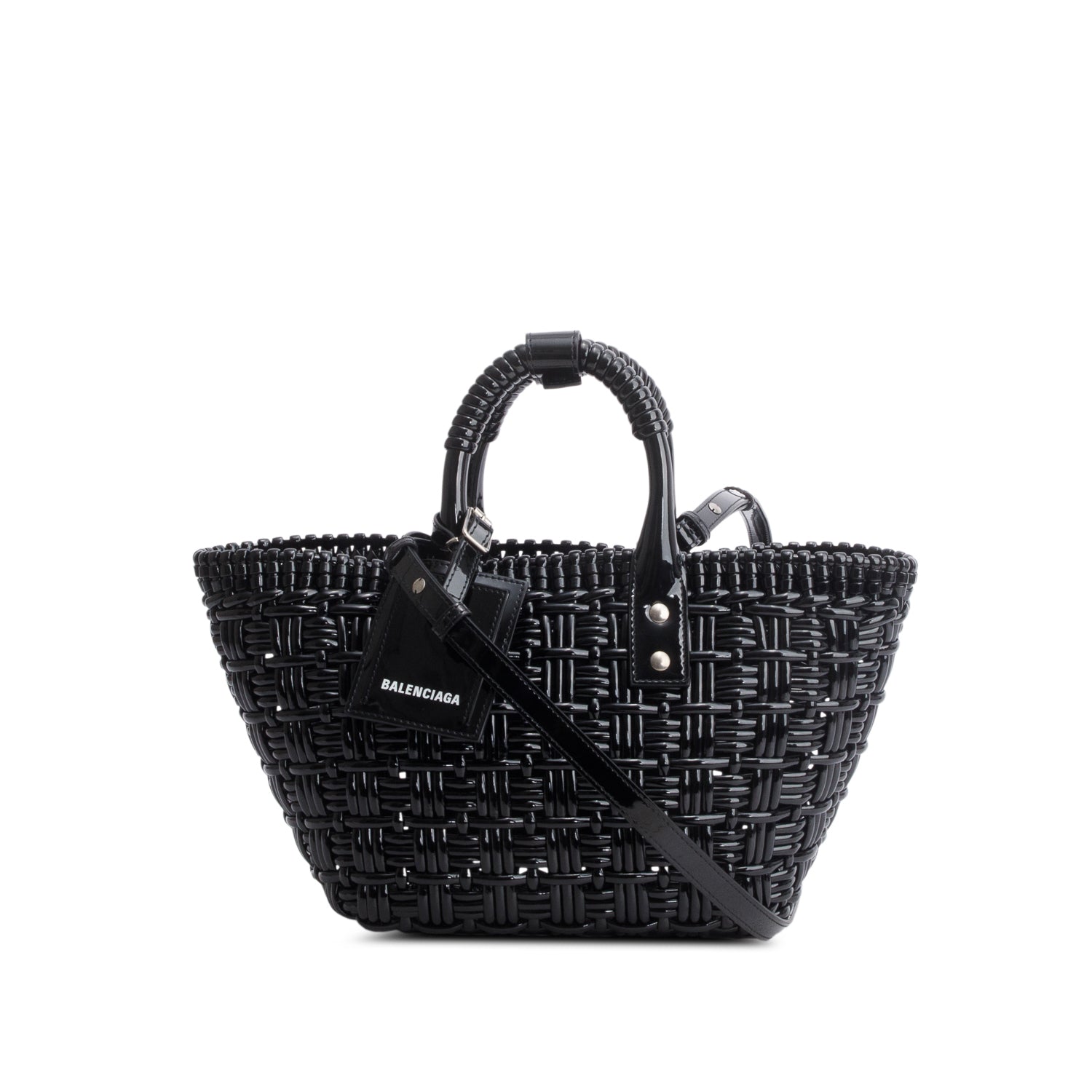 Balenciaga Black Varnished Faux Calfskin Braided XS Bistro Basket w/ Strap