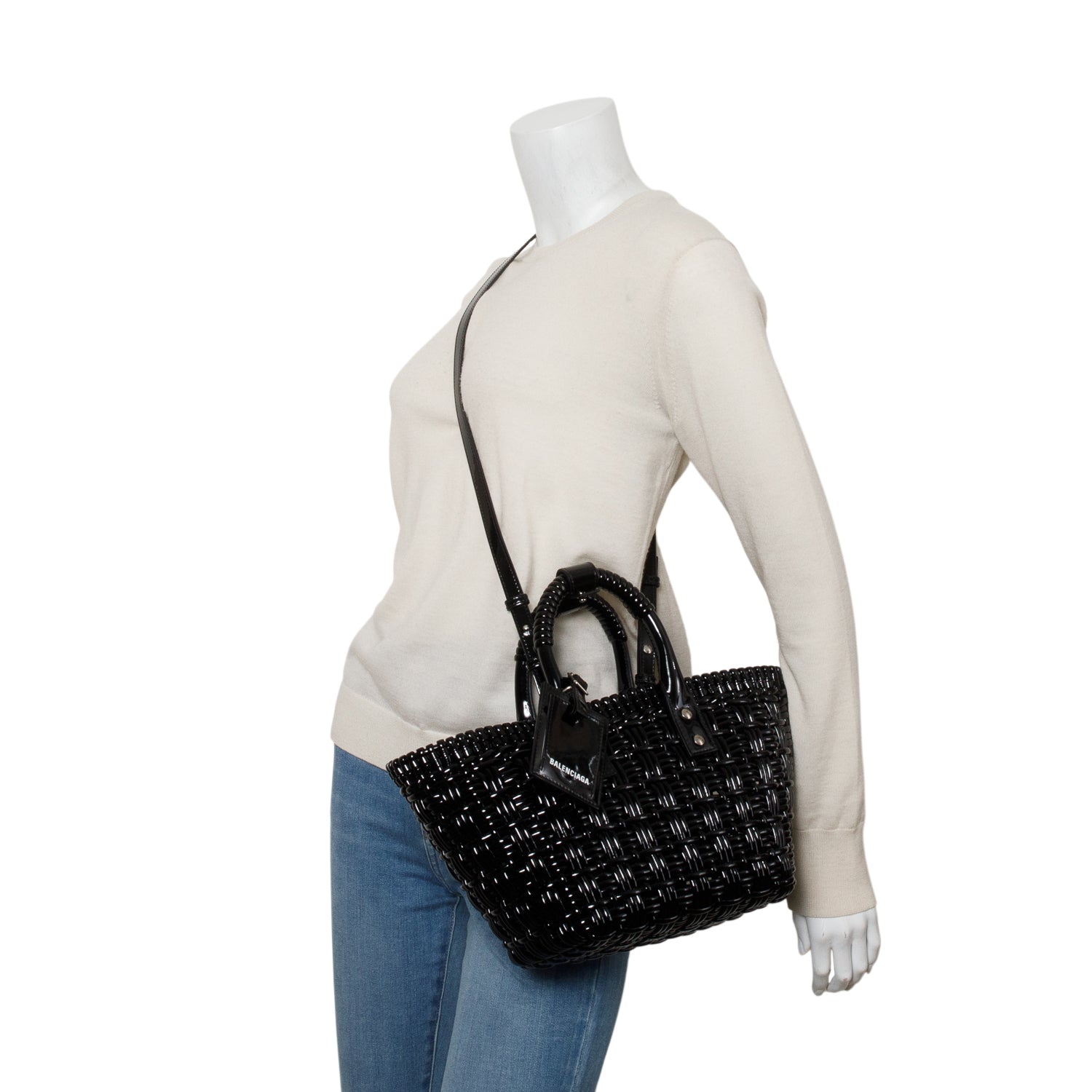 Balenciaga Black Varnished Faux Calfskin Braided XS Bistro Basket w/ Strap