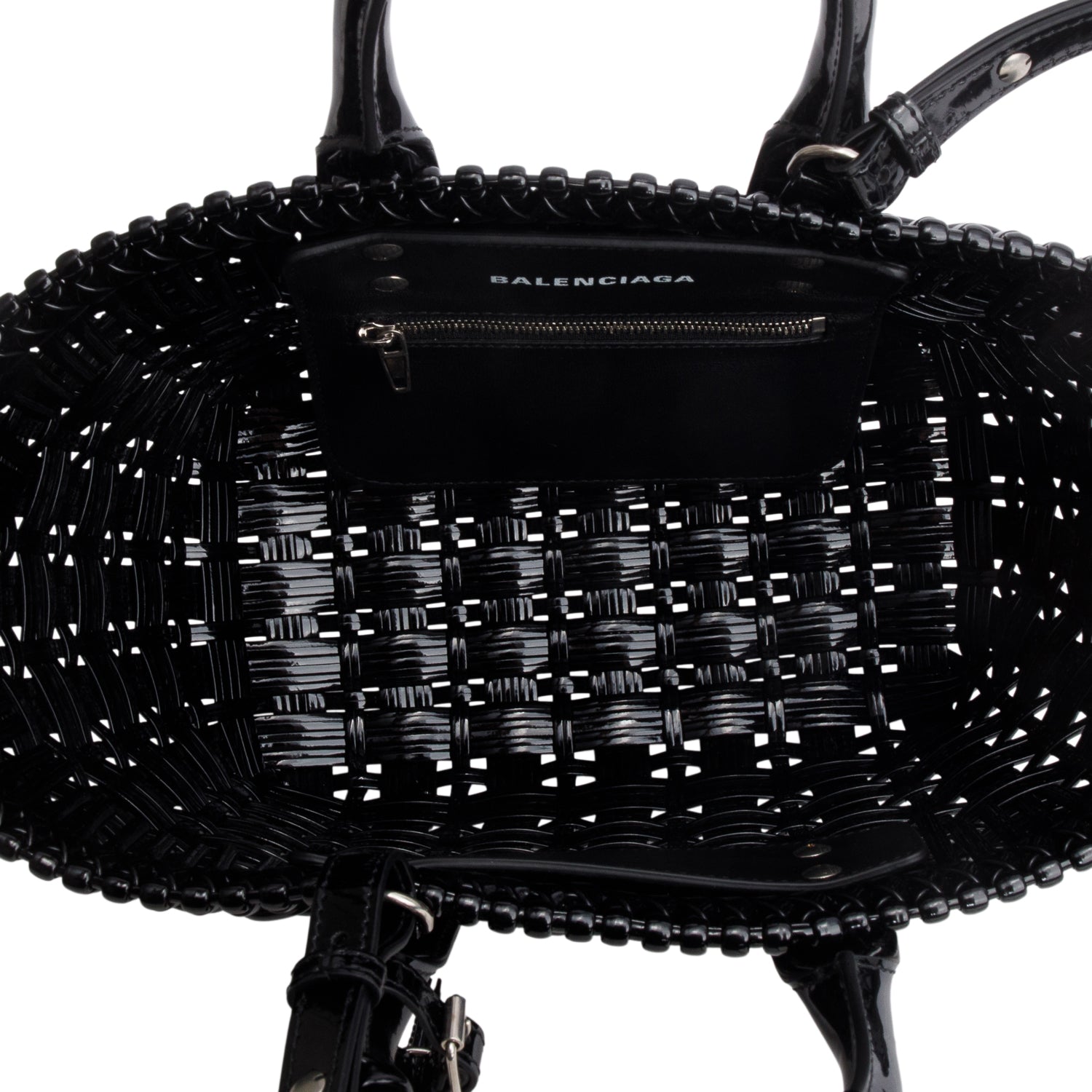 Balenciaga Black Varnished Faux Calfskin Braided XS Bistro Basket w/ Strap