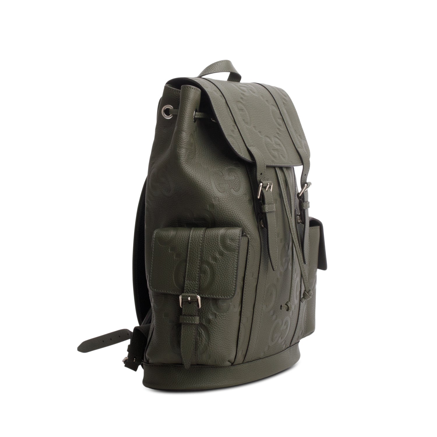 Gucci Green Piuma Calfskin Jumbo GG Embossed Double Buckle Backpack