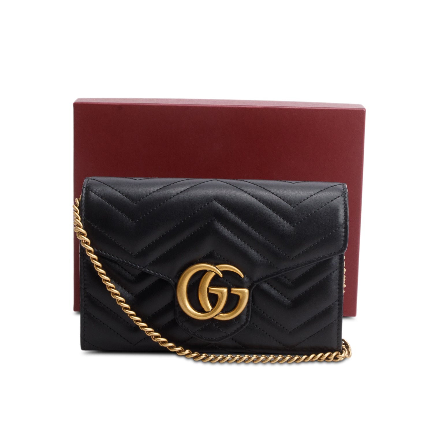 Gucci Black Calfskin Matelasse GG Marmont Wallet on Chain w/ Box