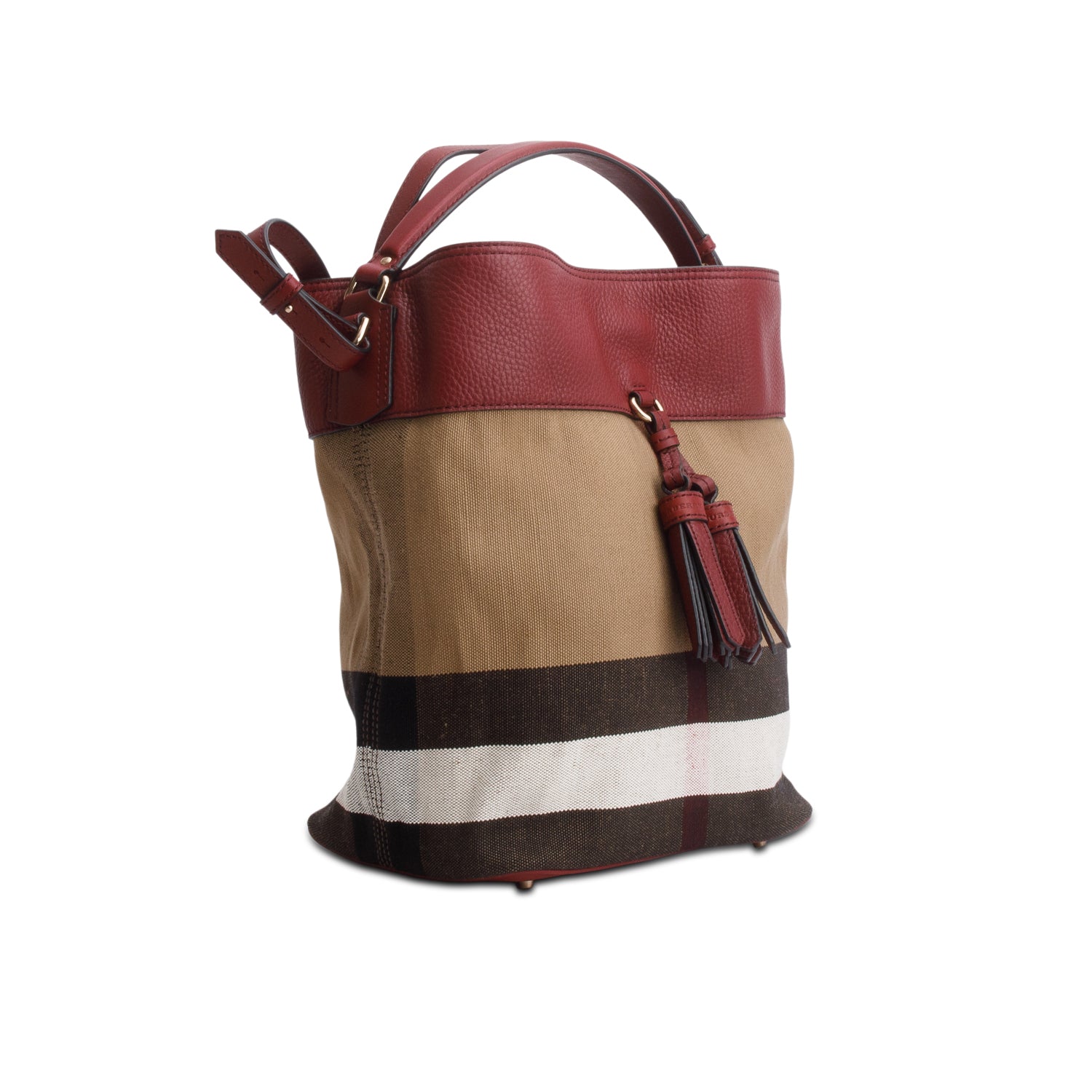 Burberry Mega Check Burgundy Leather Ashby Bucket Bag w/ Box, Receipt, Strap & Pouch
