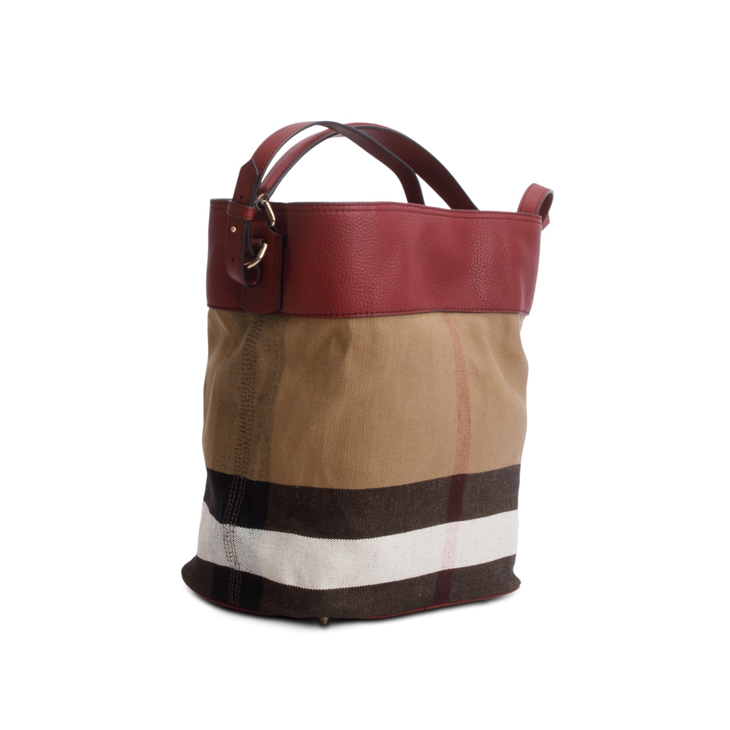 Burberry Mega Check Burgundy Leather Ashby Bucket Bag w/ Box, Receipt, Strap & Pouch