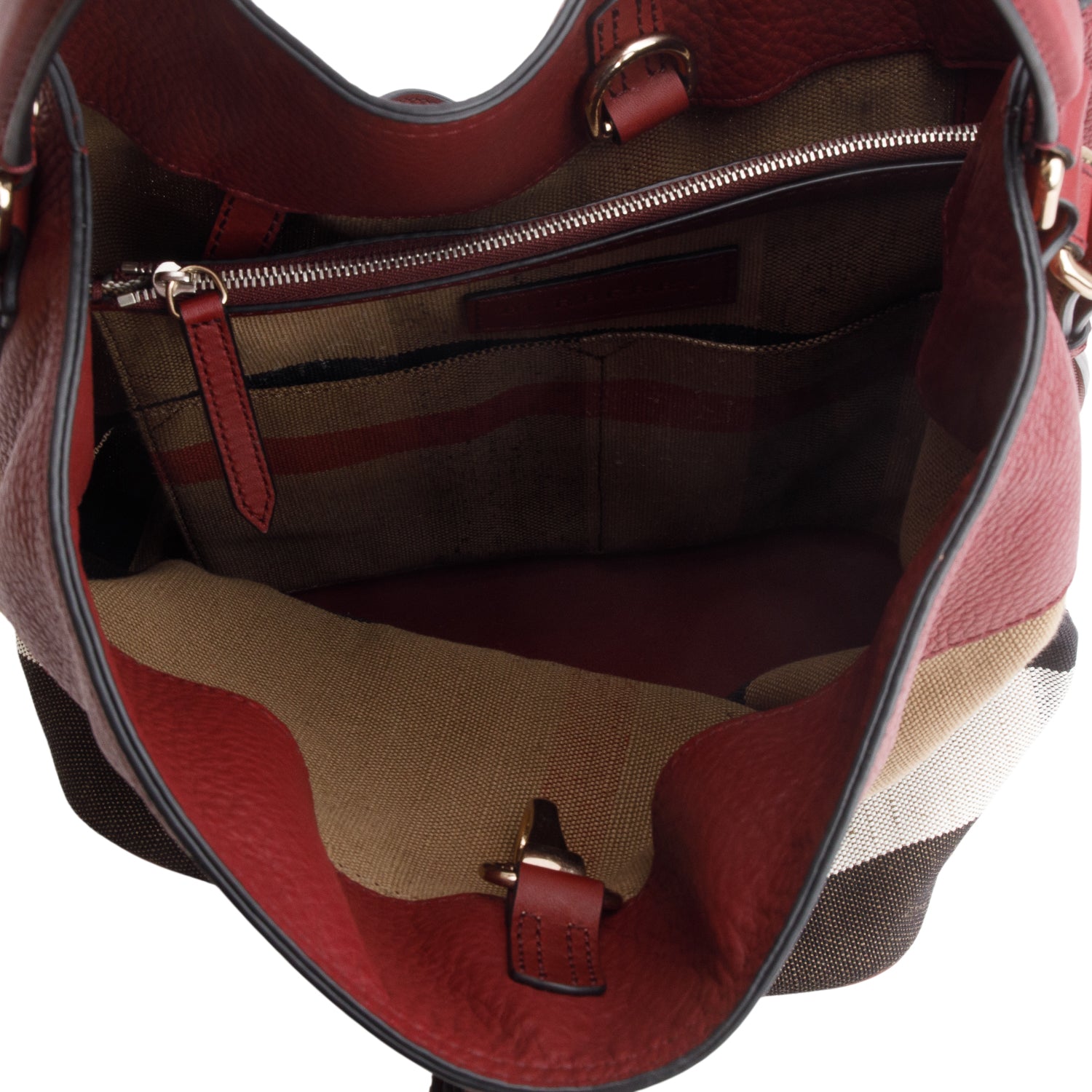Burberry Mega Check Burgundy Leather Ashby Bucket Bag w/ Box, Receipt, Strap & Pouch