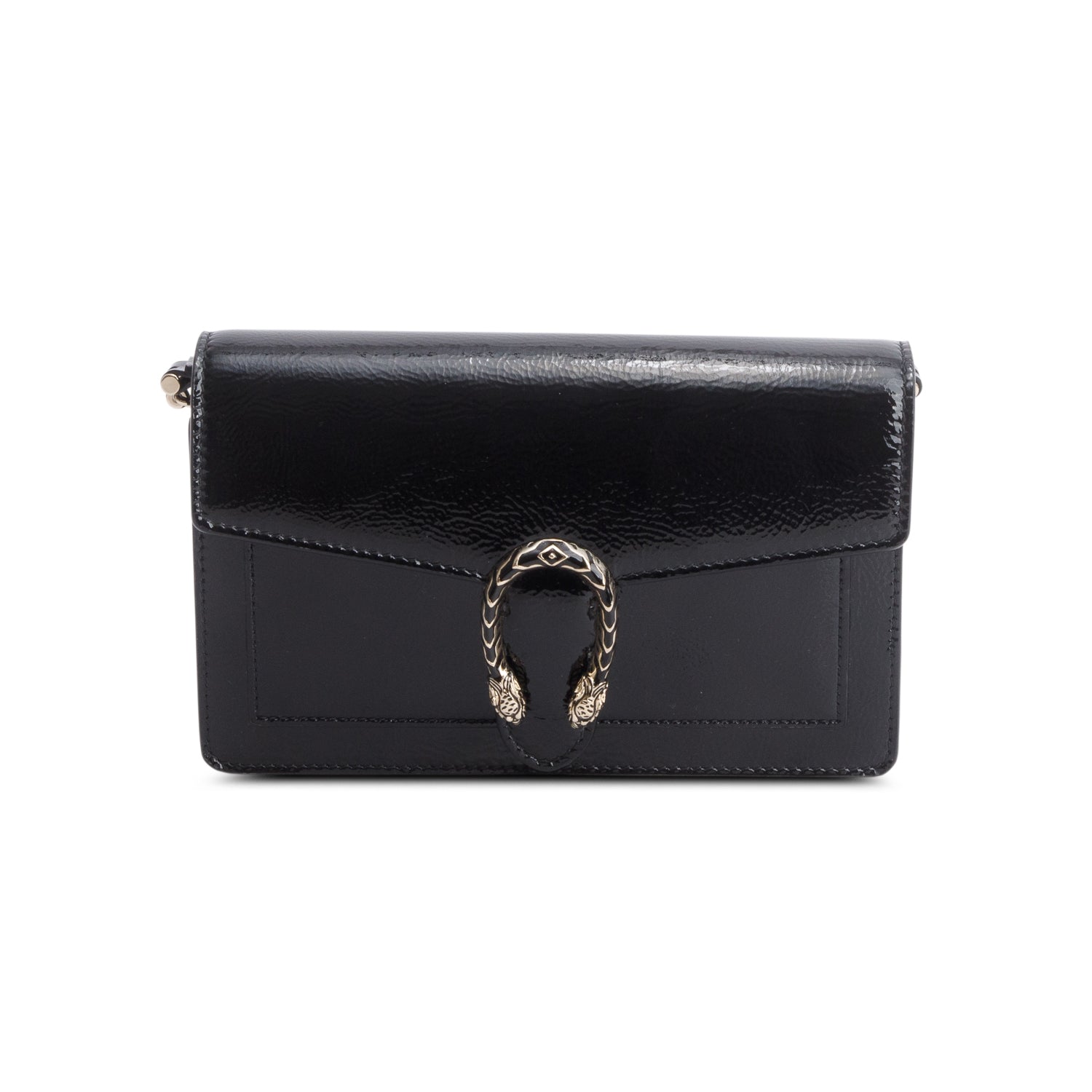 Gucci Black Crinkled Patent Leather Dionysus Wallet on Chain