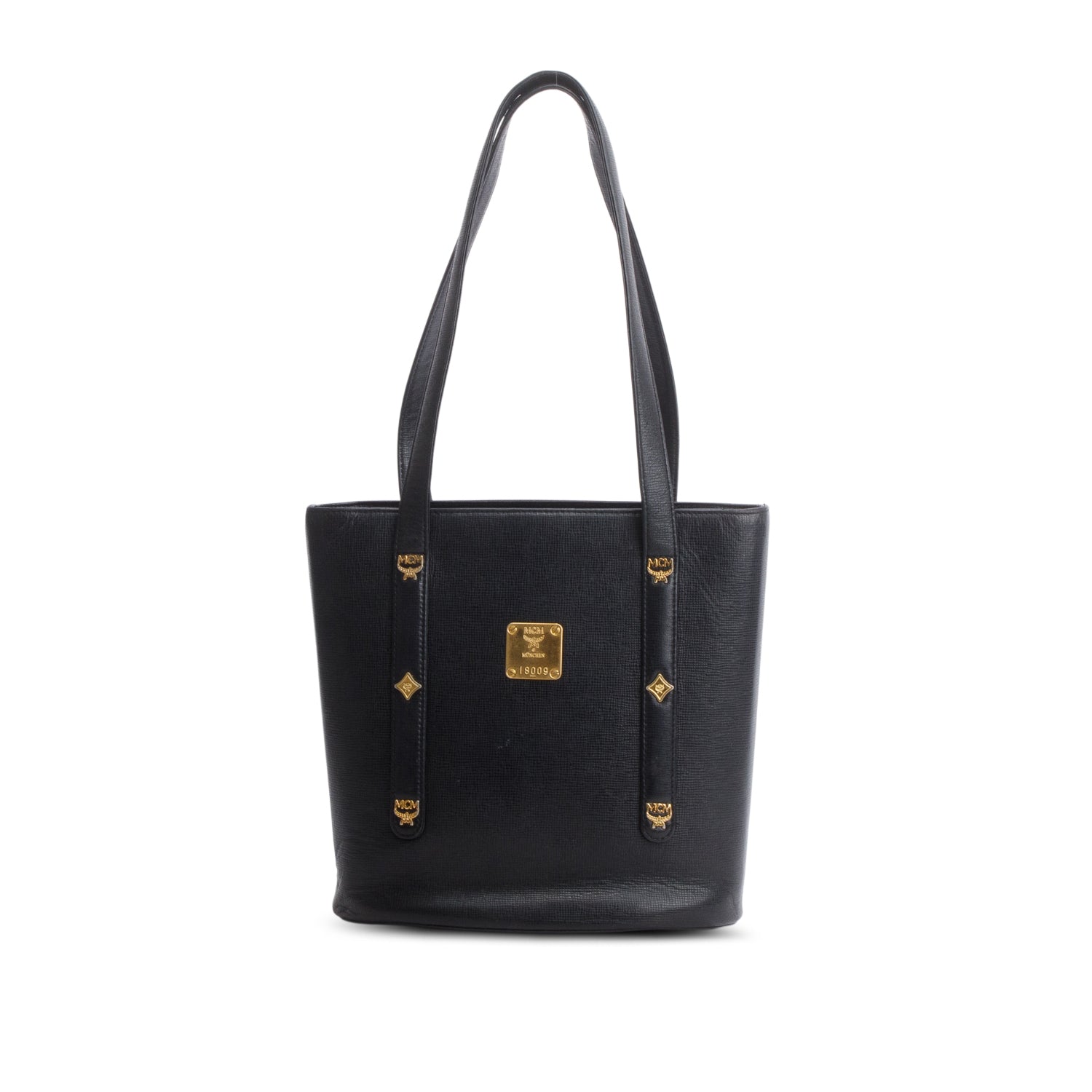 MCM Black Leather Studded Bucket Tote w/ Pouch