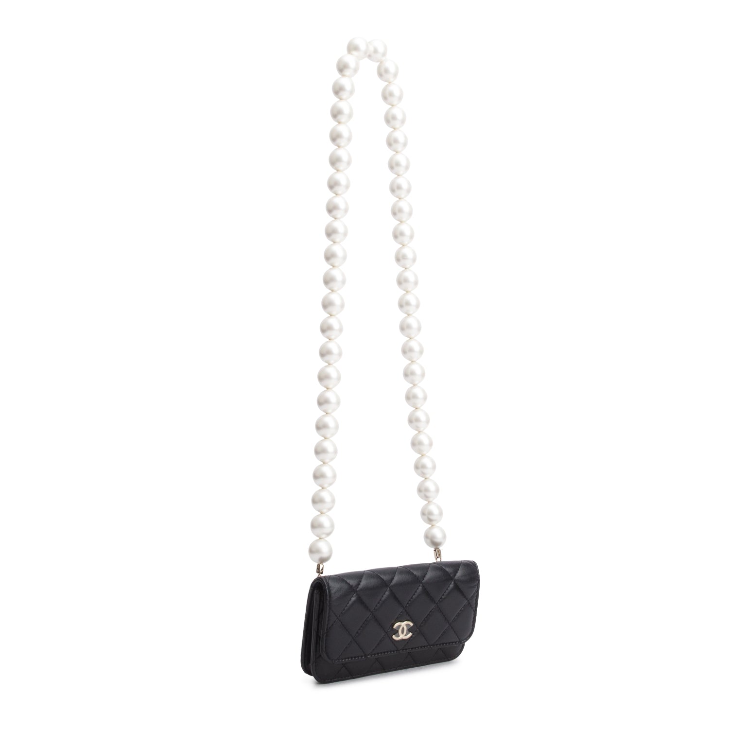 Chanel 2020 Black Lambskin Quilted Mini Pearl Wallet on Chain w/ Authenticity Card
