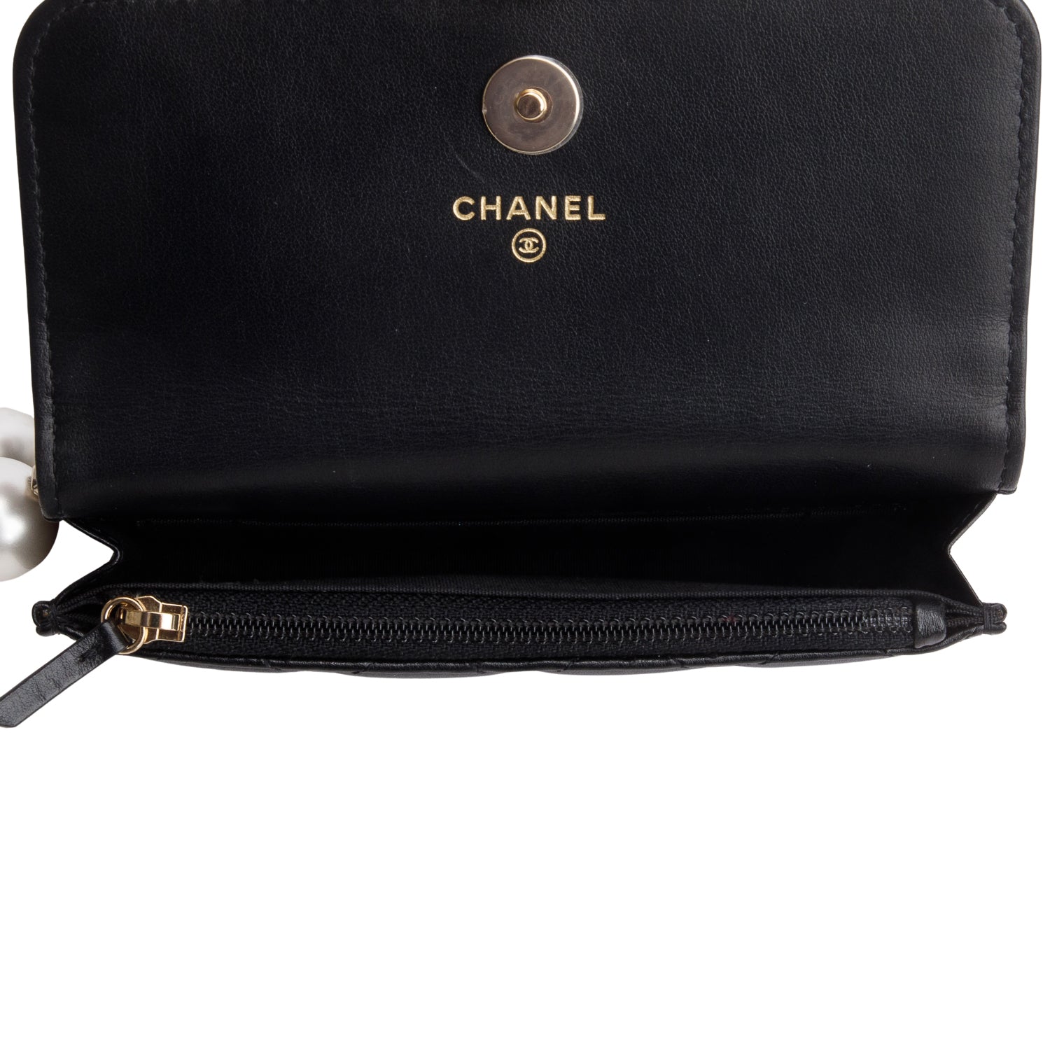 Chanel 2020 Black Lambskin Quilted Mini Pearl Wallet on Chain w/ Authenticity Card