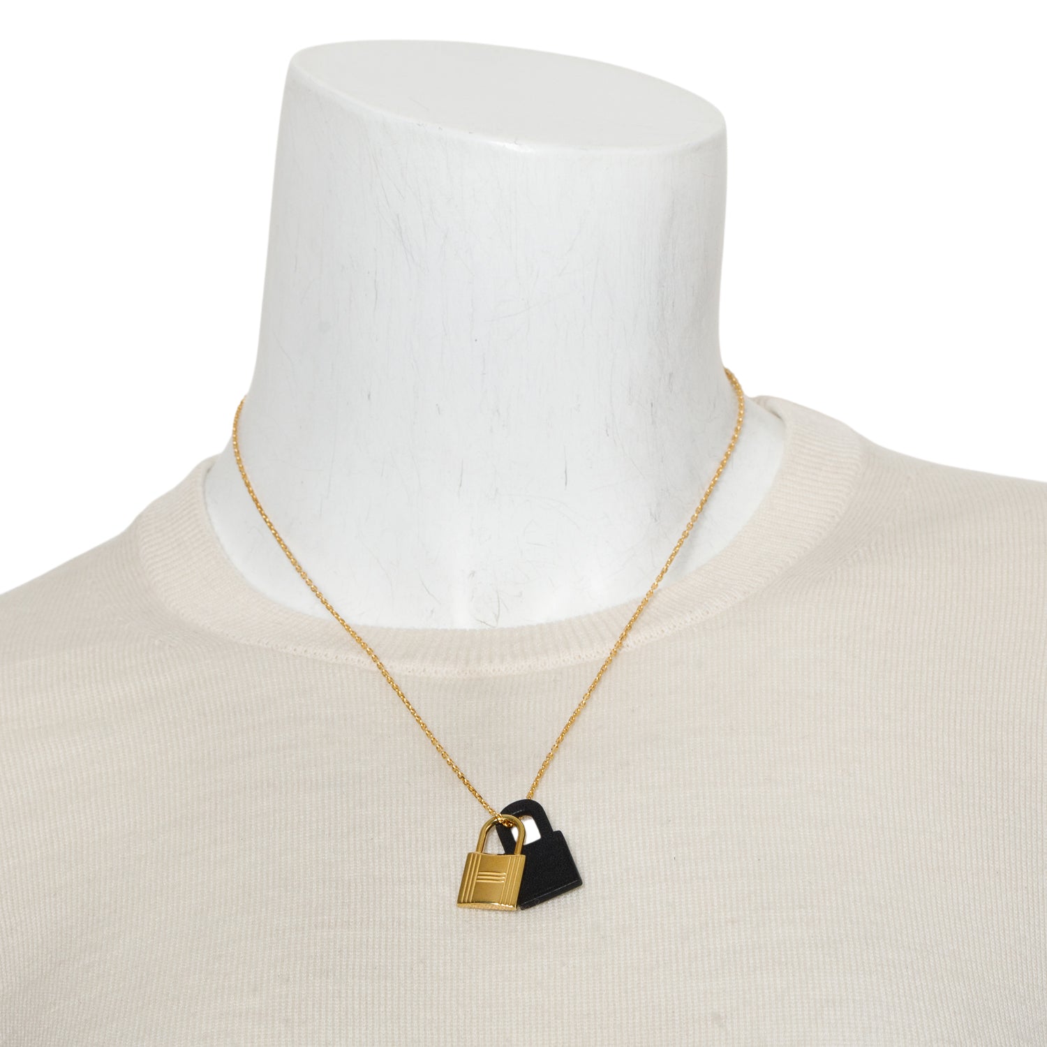 Hermes Gold-Plated Black Swift Leather O'Kelly Pendant Necklace