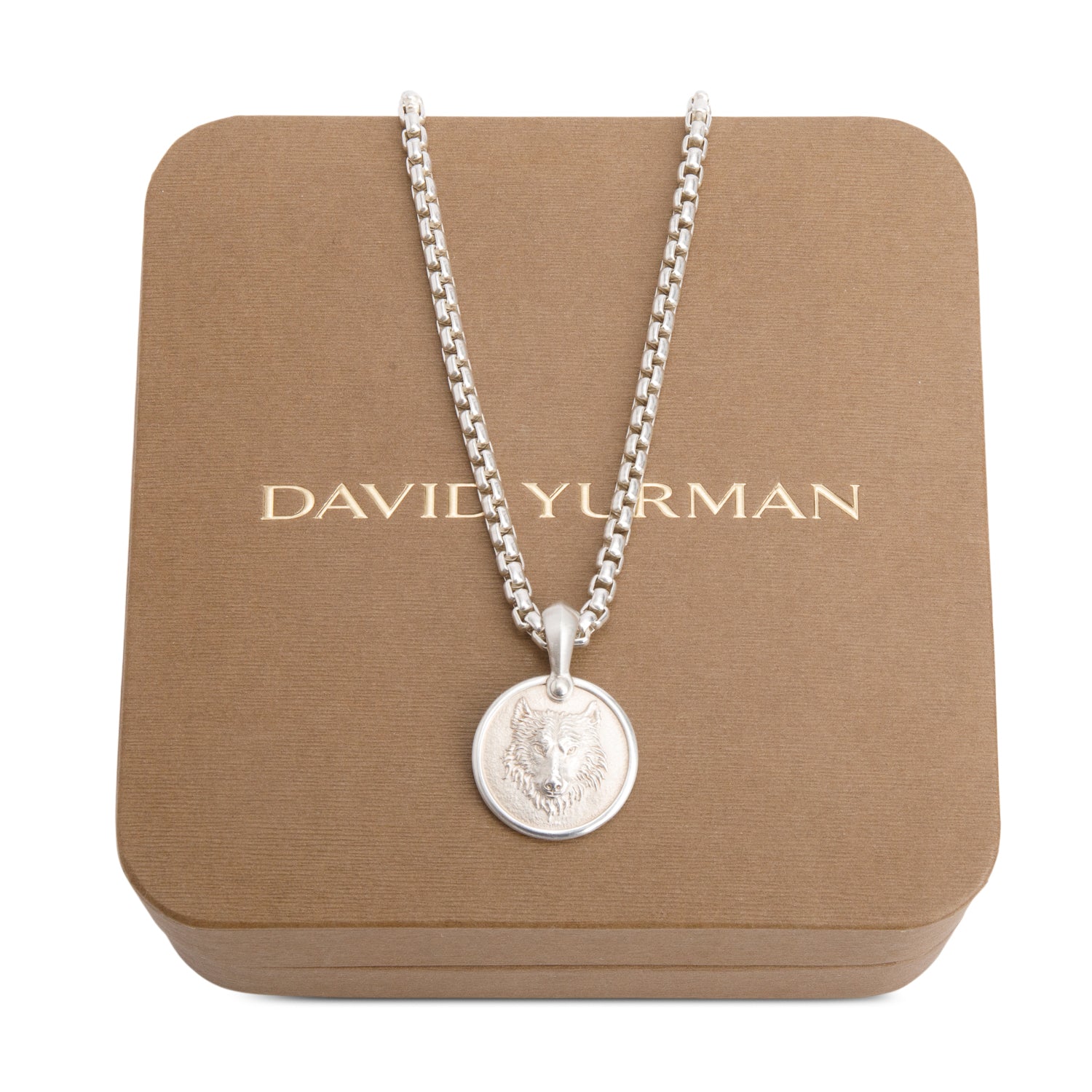 David Yurman Sterling Silver 21 MM Petrvs Wolf Amullet Pendant Necklace w/ Box