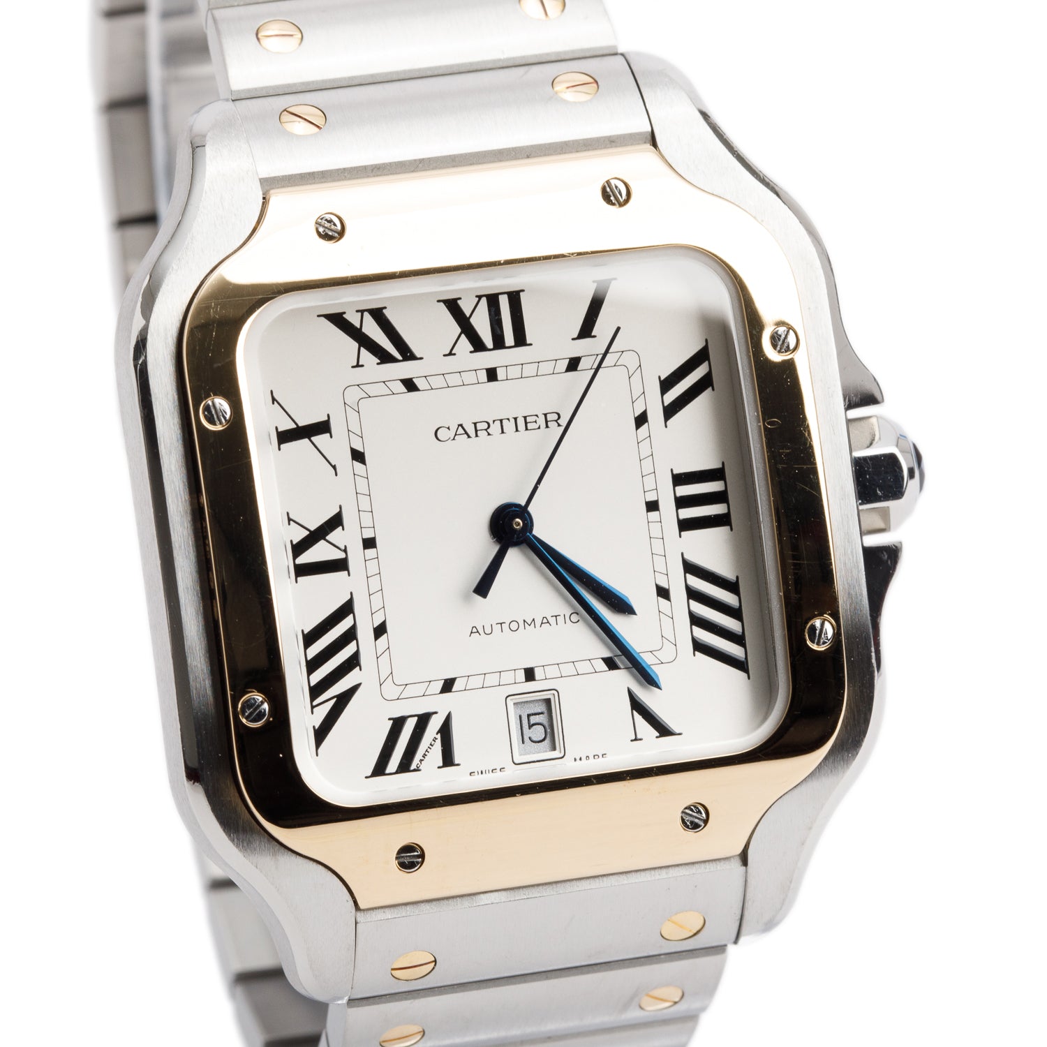 Cartier 2022 Stainless Steel & 18k Yellow Gold Santos de Cartier Automatic Watch, Large Model 4072 w/ Box, Papers & Extra Strap