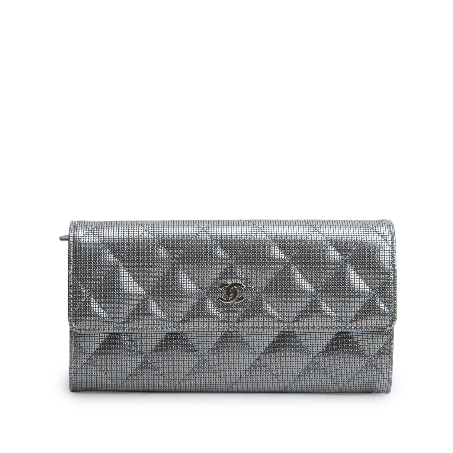 Chanel Silver Metallic Calfskin Quilted Pixel Effect Large Flap Wallet w/ Box & Authenticity Card