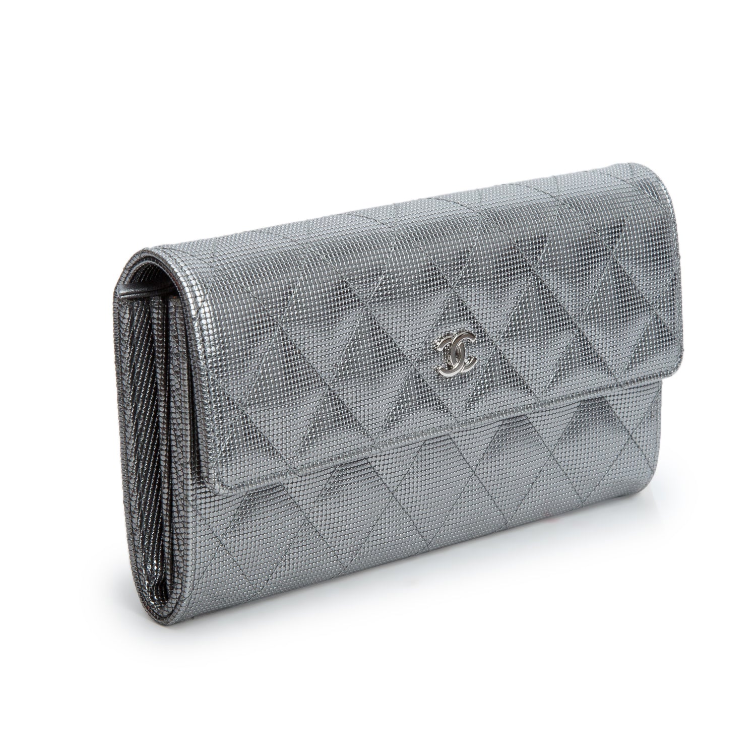Chanel Silver Metallic Calfskin Quilted Pixel Effect Large Flap Wallet w/ Box & Authenticity Card