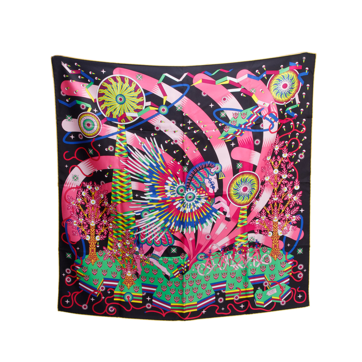 Hermes Black & Multicolor 'La Source de Pegase' Silk Scarf 90 w/ Box