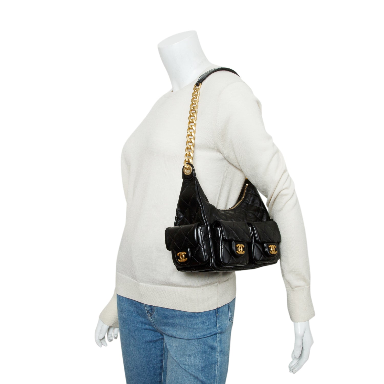Chanel 2025 Black Shiny Lambskin Quilted Trendy Pockets Hobo w/ Box & Receipt