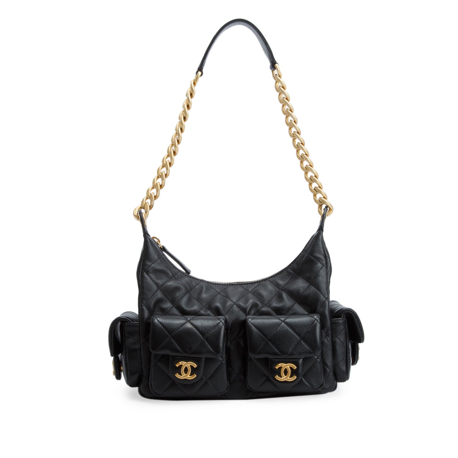 Chanel 2025 Black Shiny Lambskin Quilted Trendy Pockets Hobo w/ Box & Receipt