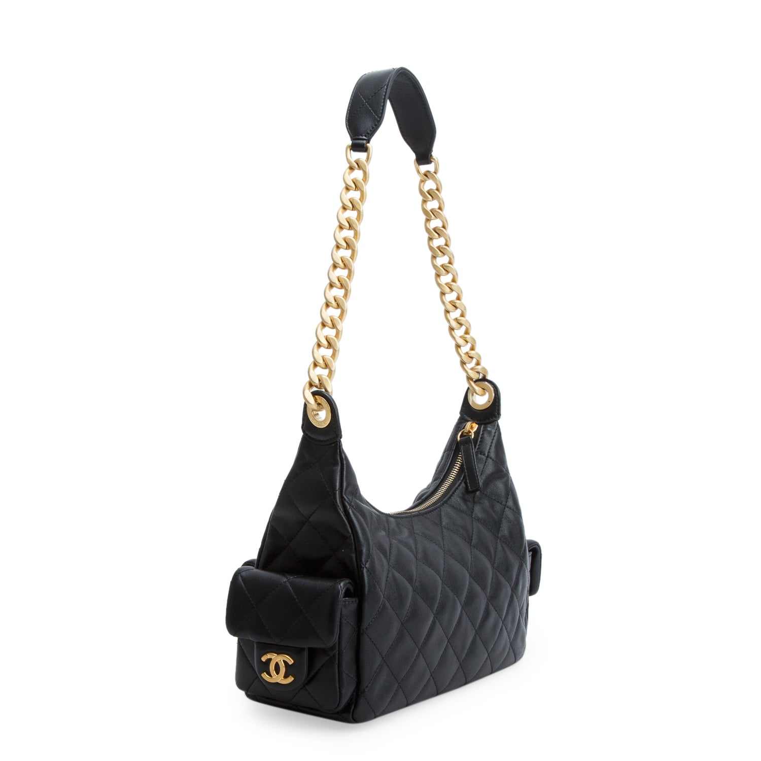 Chanel 2025 Black Shiny Lambskin Quilted Trendy Pockets Hobo w/ Box & Receipt