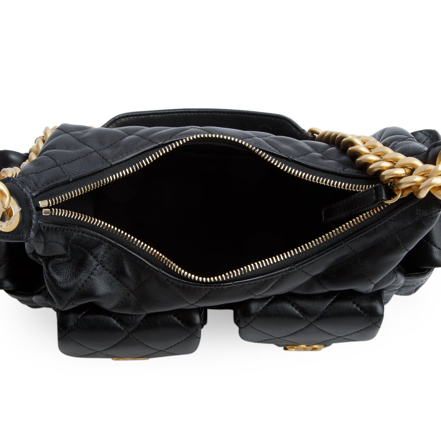 Chanel 2025 Black Shiny Lambskin Quilted Trendy Pockets Hobo w/ Box & Receipt