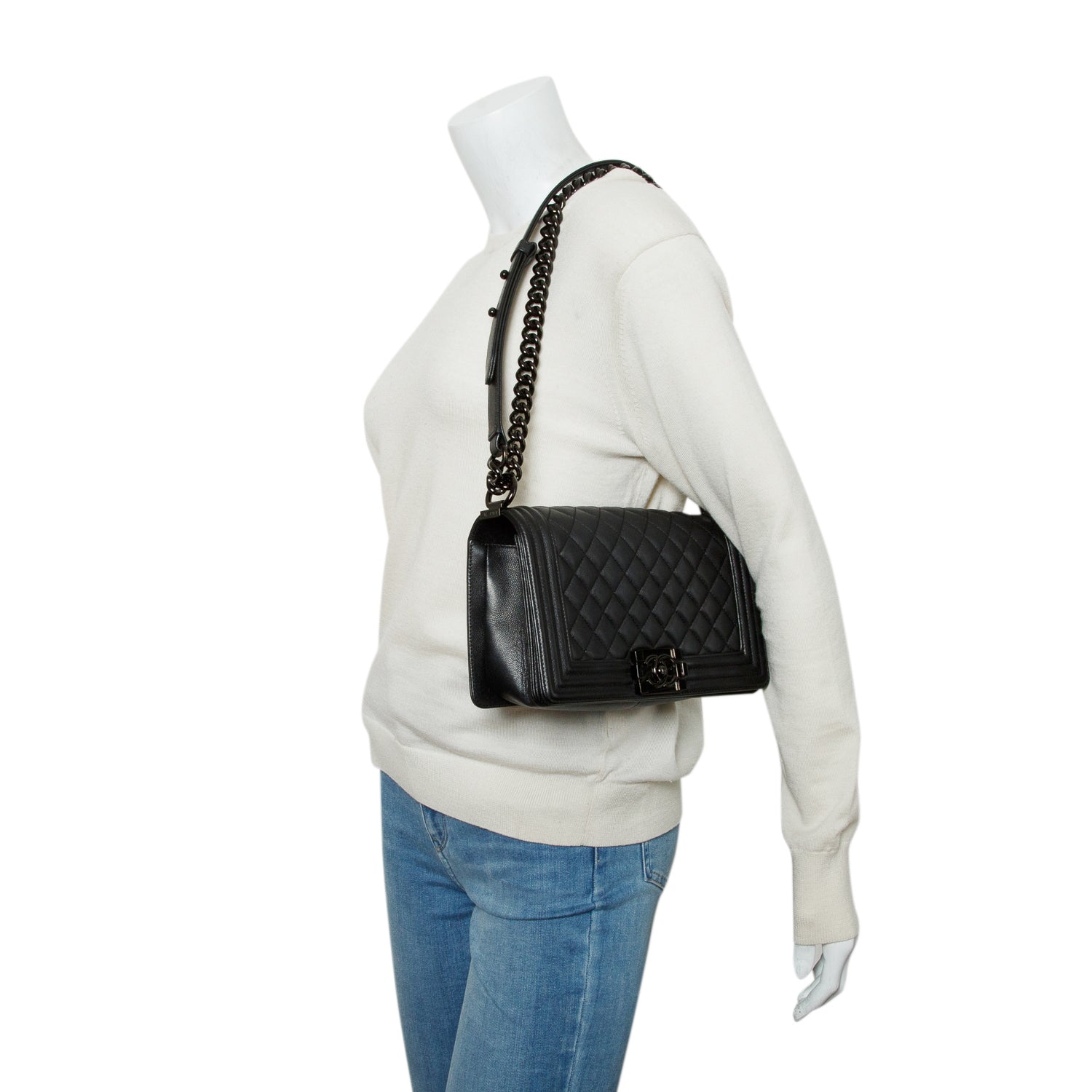 Chanel So Black Caviar Quilted Medium Boy Bag w/ Box & Authenticity Card
