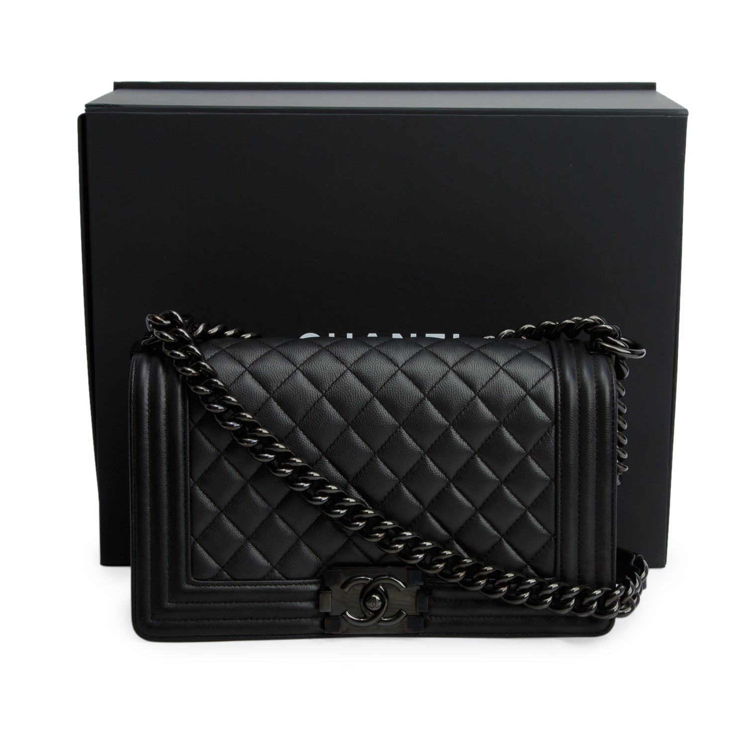 Chanel So Black Caviar Quilted Medium Boy Bag w/ Box & Authenticity Card