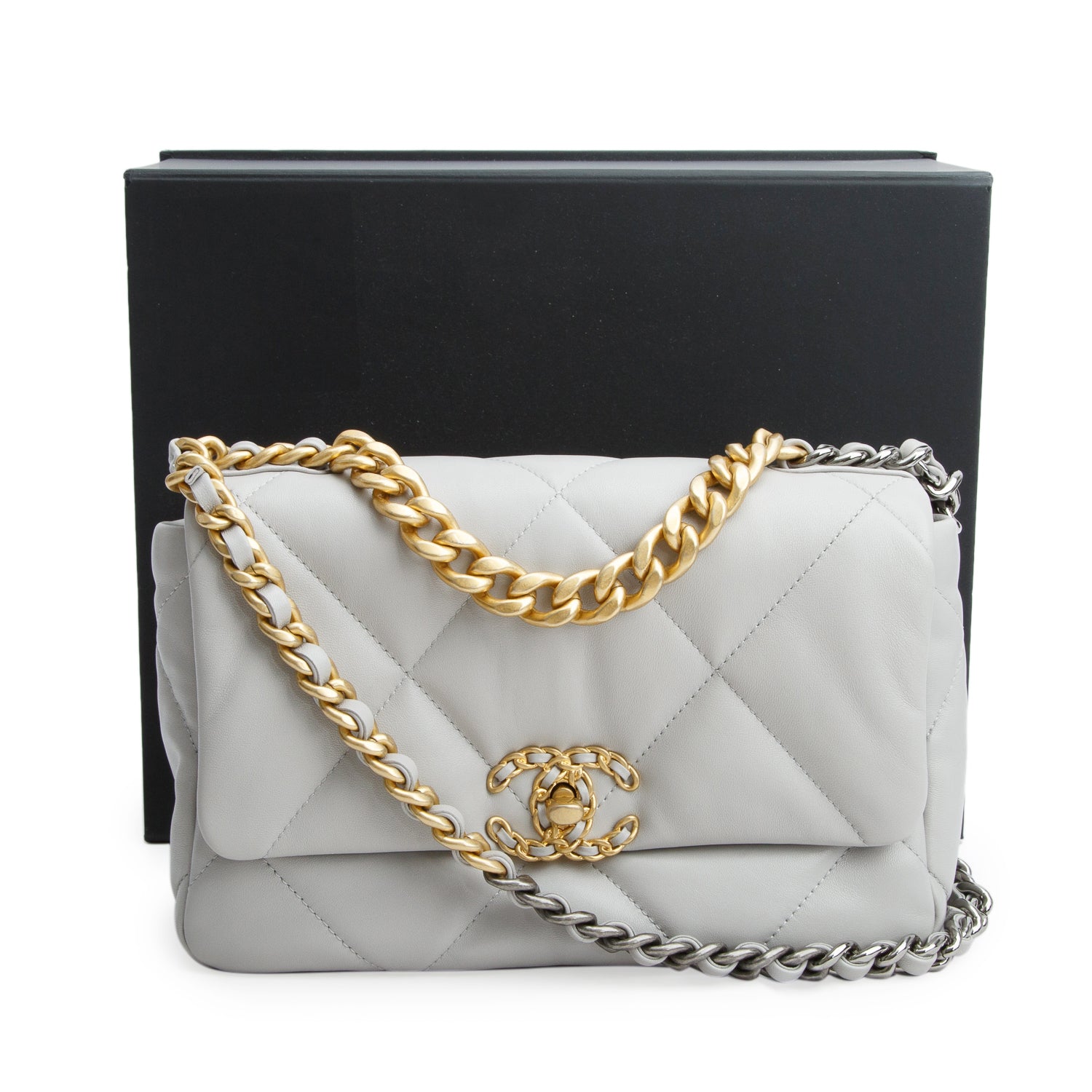 Chanel Grey Lambskin Leather Medium 19 Flap Bag w/ Box